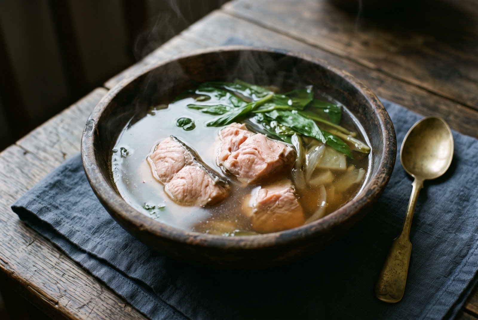 Cep ohaw, the Ainu salmon and mountain vegetable soup: a rustic clear broth in a dark, worn wooden bowl, large pale pink chunks of salmon on the bone breaking through the surface.