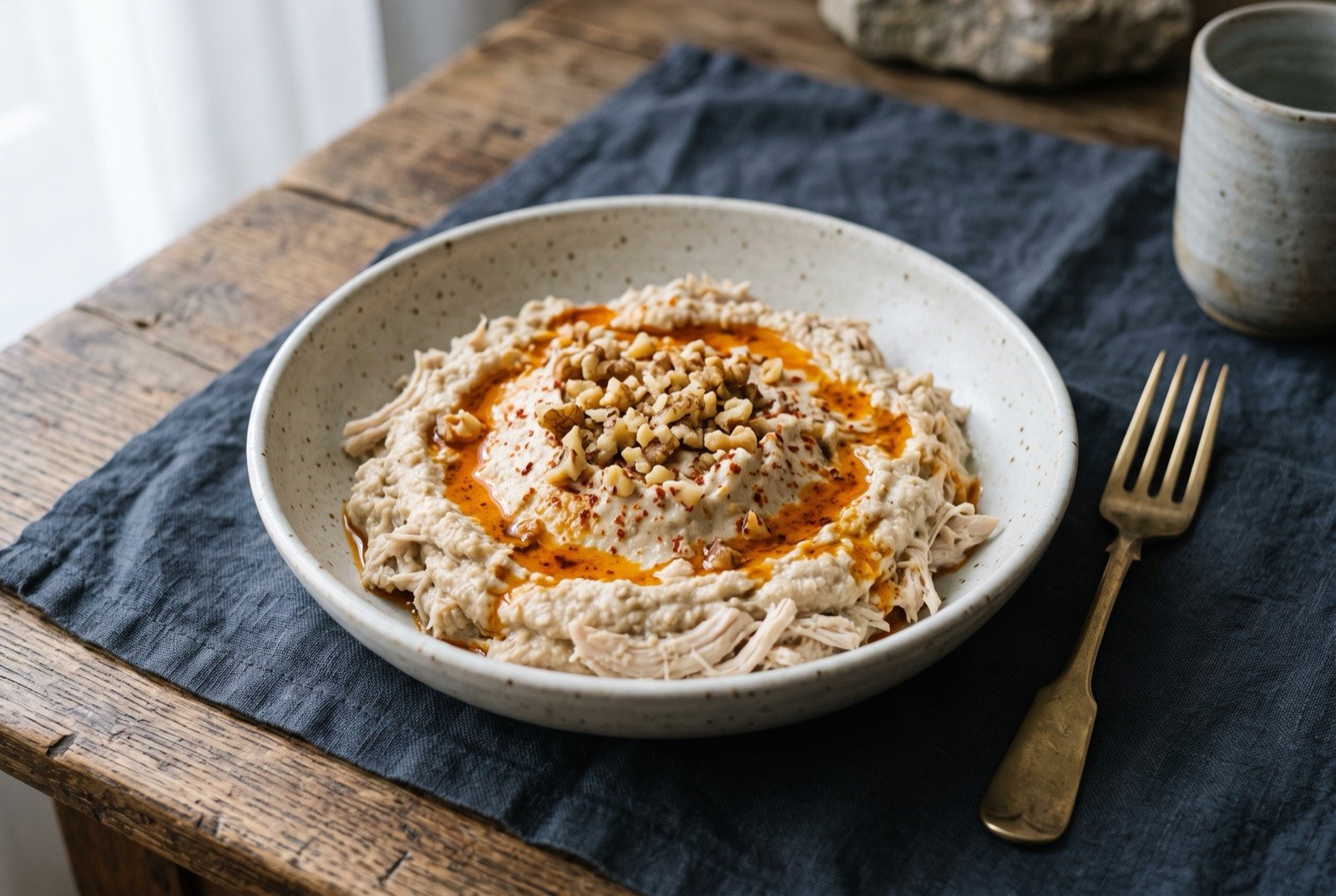 Çerkez tavuğu, poached chicken bound in a walnut and bread purée: shredded pale chicken bound in a thick, pale beige walnut purée, plated in a loose mound, finished with a bright orange red drizzle of paprika oil across the top and a scatter of coarsely chopped walnut pieces.