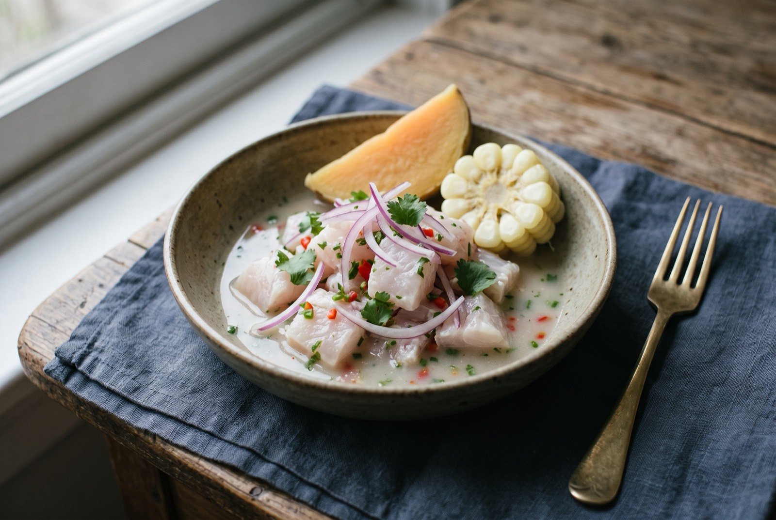 Ceviche, raw fish cured in lime, onion and ají: chunks of opaque white fish sitting in a shallow pool of pale, cloudy lime and chilli marinade, thin crescents of red onion scattered on top.