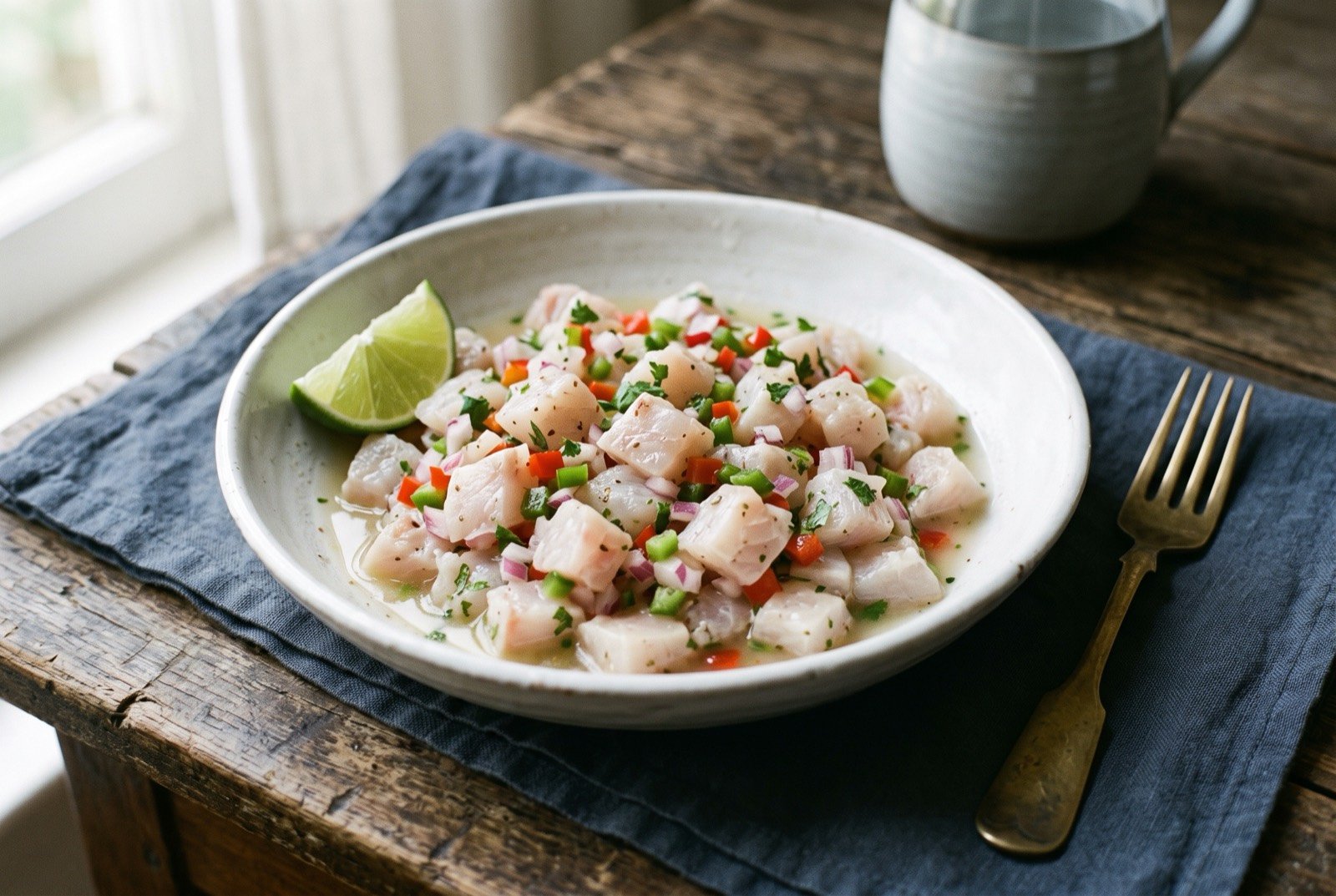 Ceviche chileno, lime cured white fish with onion, coriander and pepper: a shallow white bowl of small, opaque diced white fish glistening in a clear citrus marinade, fine dice of white onion and flecks of red and green pepper scattered through.