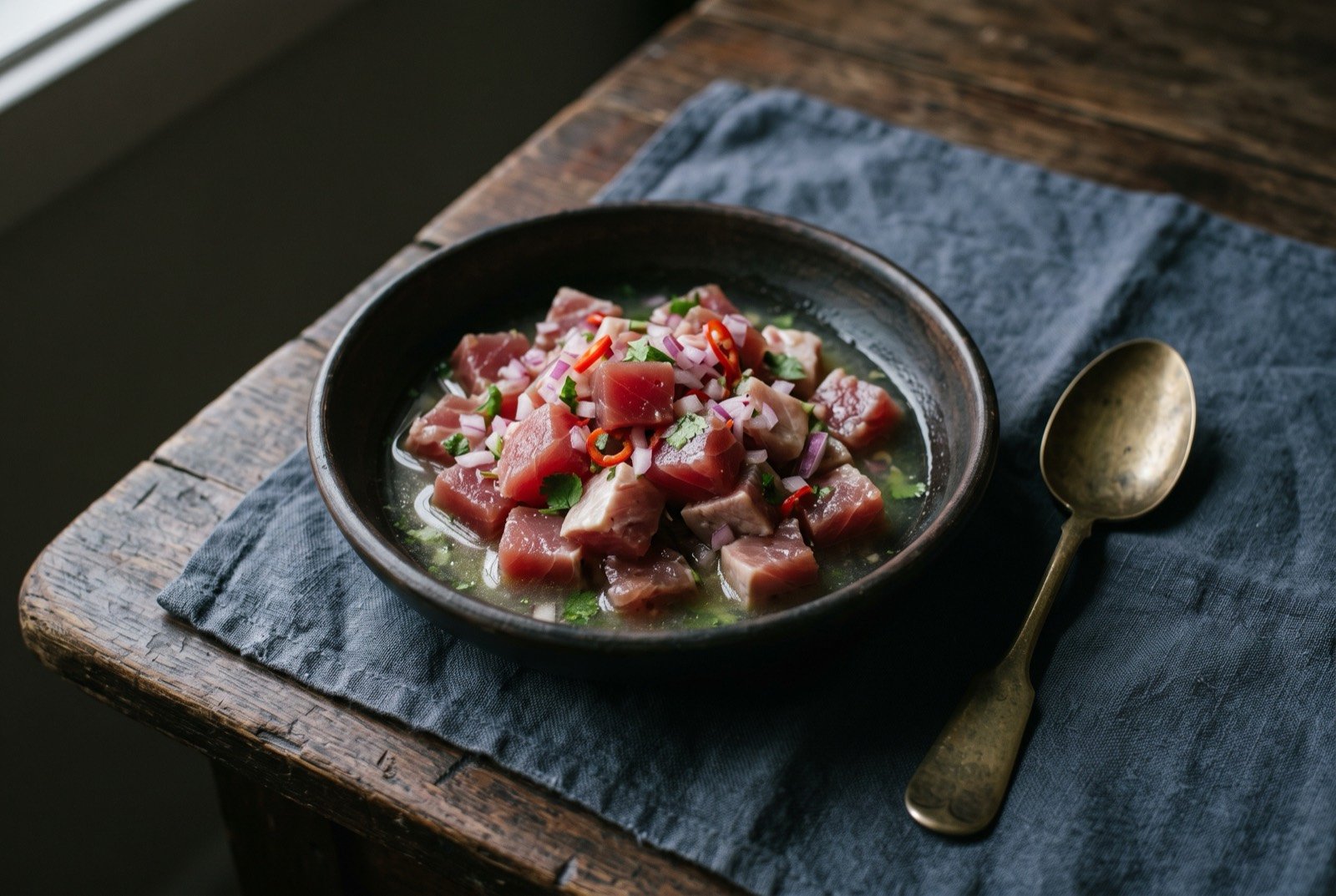 Ceviche de atún, Rapa Nui citrus-cured tuna: small cubes of deep red raw tuna turning pale and opaque at the edges, sitting in a clear pool of lime juice in a dark bowl.
