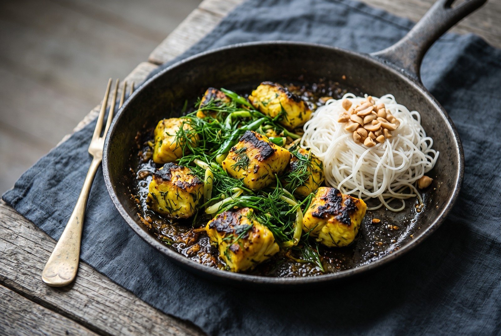 Chả cá Lã Vọng, turmeric marinated fish tossed with dill and spring onion in a sizzling pan: golden turmeric stained chunks of firm white fish scattered through a tangle of wilted dill and spring onion in a blackened metal pan.