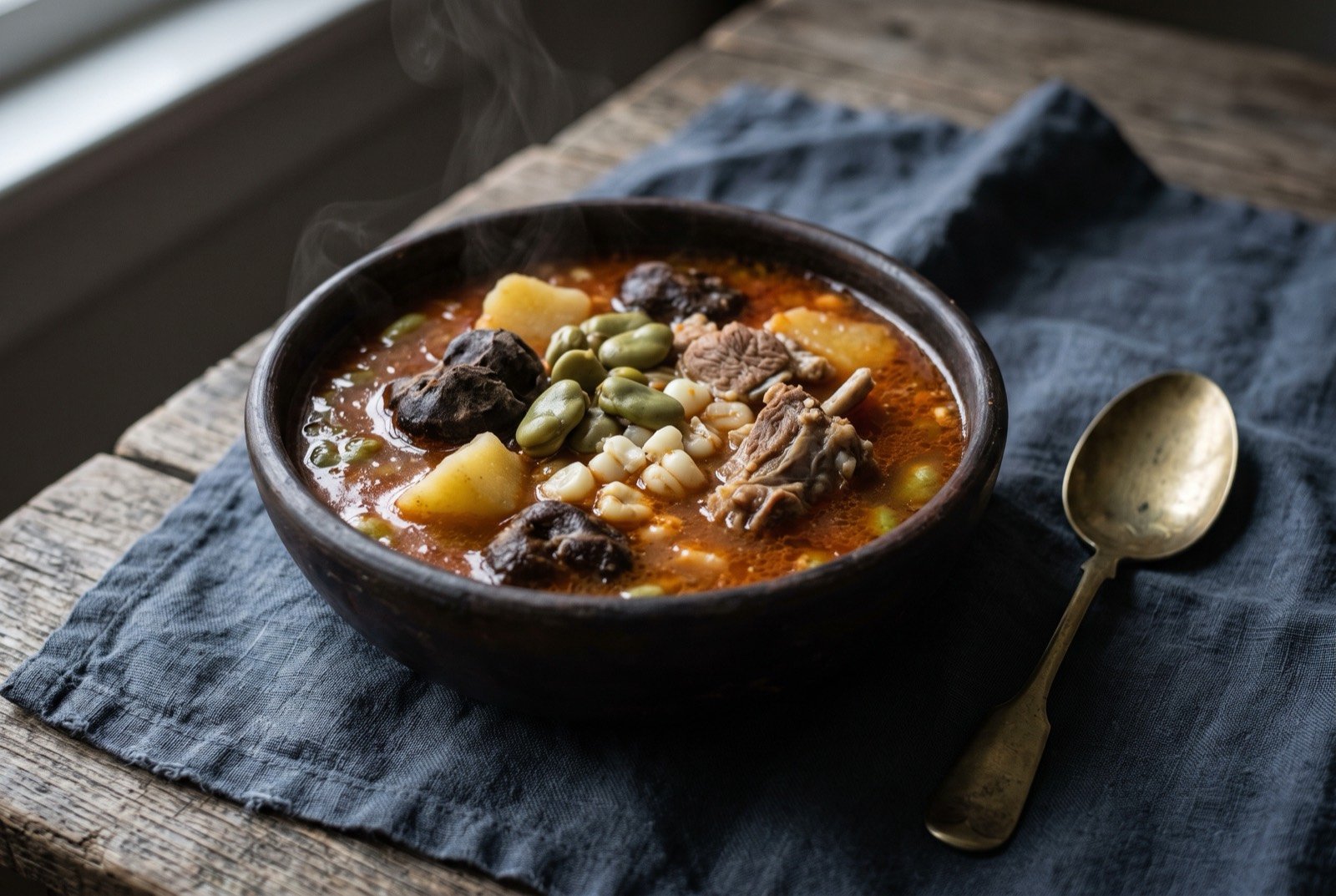 Chairo paceño, an Aymara chuño and lamb soup: a deep clay bowl of chunky reddish broth, dark pitted pieces of chuño breaking the surface among pale potato, whole habas and kernels of white corn.