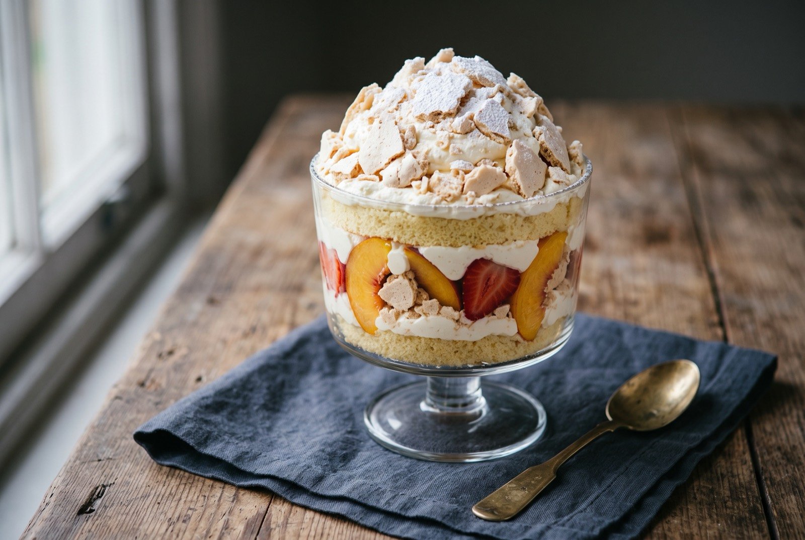 Chajá, a layered sponge, meringue, cream and peach dessert: a tall glass dish showing distinct pale layers, soft sponge, whipped cream, glistening slices of peach and strawberry, and shards of crisp broken meringue scattered across the top.