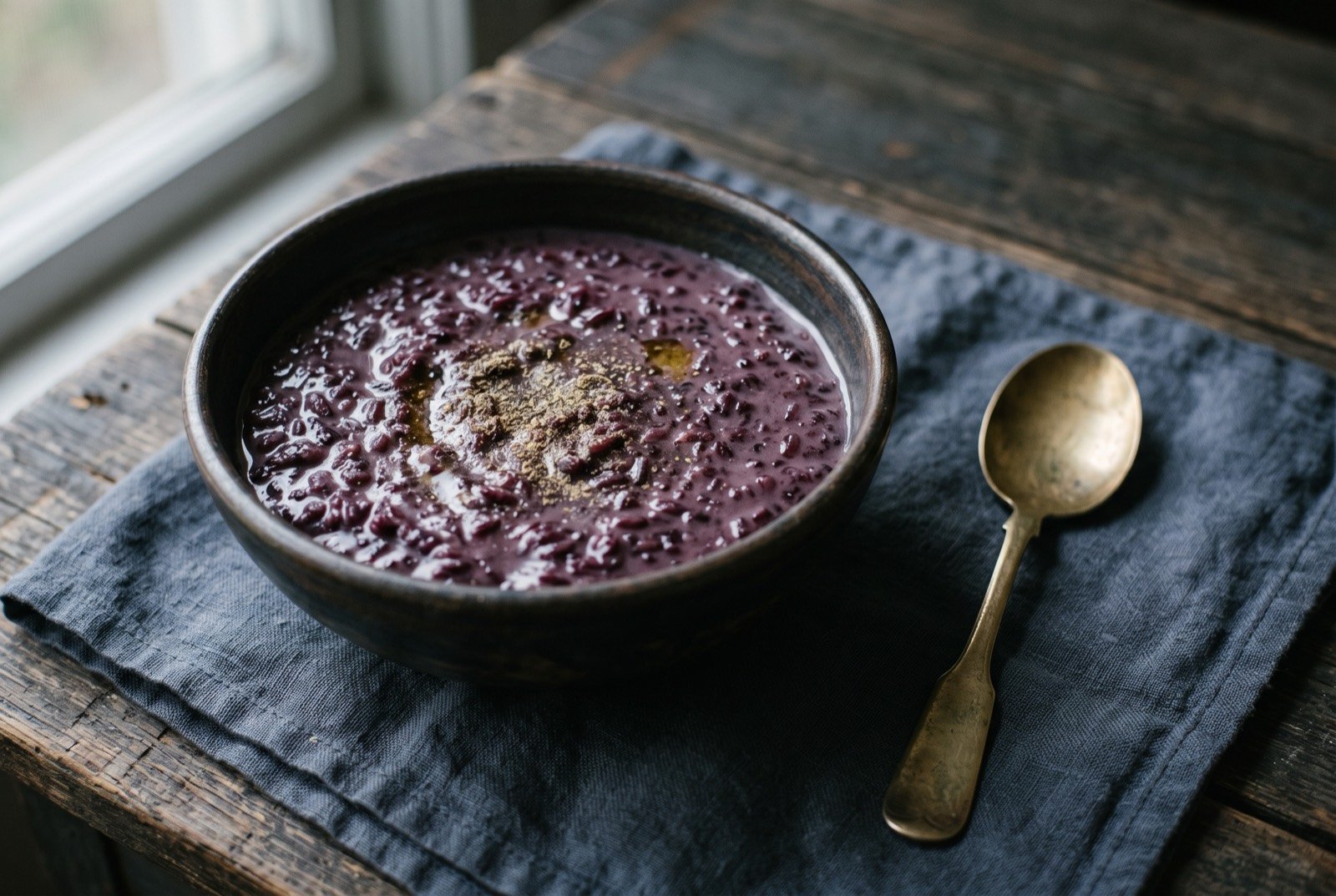 Chak-hao kheer, Manipuri black rice pudding: a deep purple-black, thick, creamy rice pudding in a small bowl, a scatter of chopped nuts on top, the colour almost inky against the pale bowl.