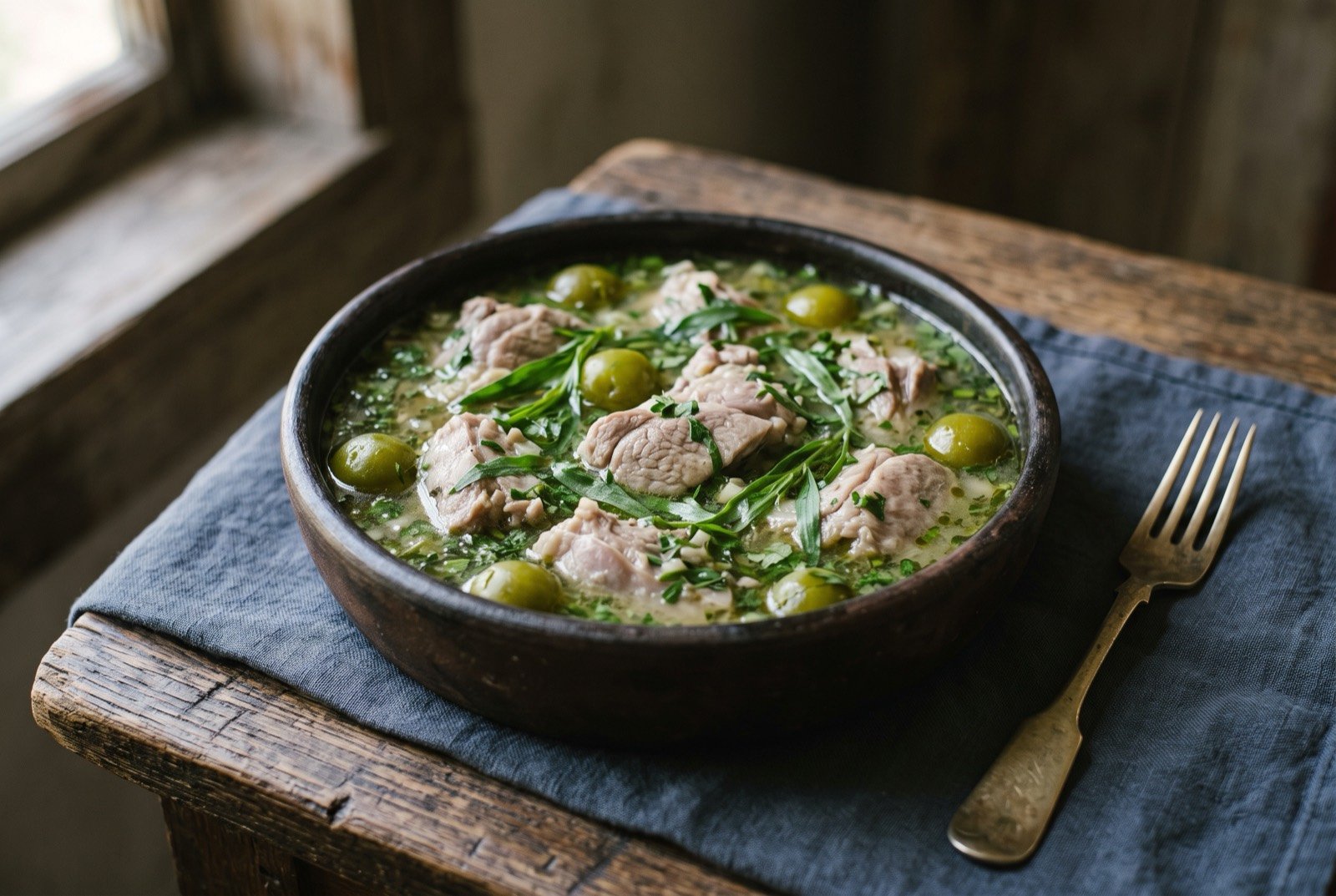 Chakapuli, lamb stewed with tarragon and unripe plums in a pale green herb broth: chunks of pale braised lamb sitting in a loose herb flecked pale green broth, whole small unripe green plums floating among the meat.