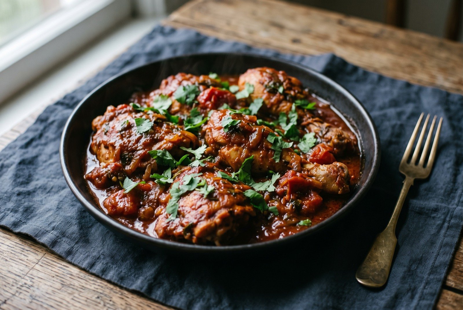 Chakhokhbili, chicken stewed with tomato, garlic and fresh herbs until the sauce clings to the meat: pieces of chicken coated in a thick, reduced dark red tomato sauce that clings rather than pools, fresh coriander and basil leaves scattered brightly across the top.