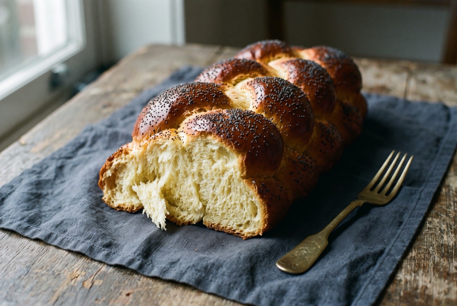 Challah, a braided egg bread: a tall, six strand braided loaf with a deep mahogany gold glazed crust, a scatter of poppy seed across the top, one end torn away to show a soft.