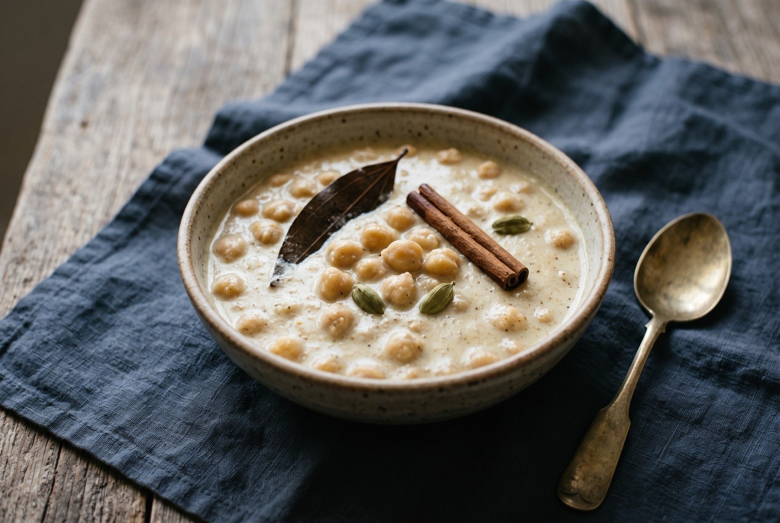 Chana madra, chickpeas in a thick Himachali yoghurt gravy: whole chickpeas suspended in a thick, pale golden-yellow yoghurt-based gravy, the surface glossy and slightly split with ghee.