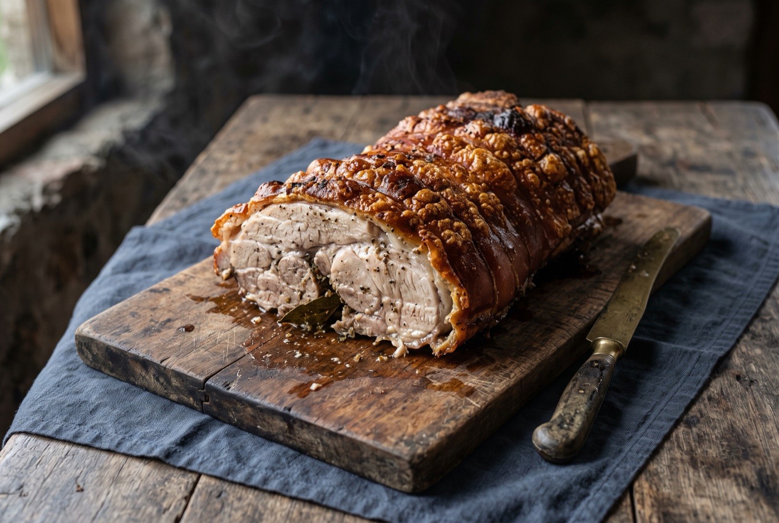 Chancho a la barbosa, a whole pig turned on a spit over coals: a large section of whole roast pig with deeply bronzed, evenly crisped skin blistered from steady fire, laid open on a wooden board.