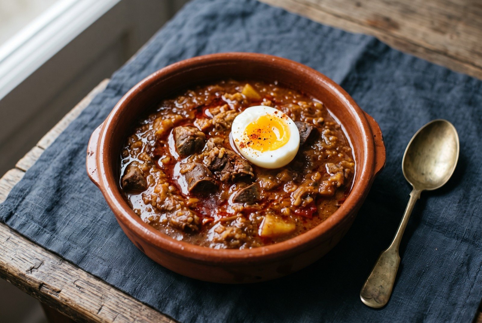 Chanfaina, Extremaduran shepherd's offal and rice stew: a rustic terracotta bowl of thick, deep red-brown offal stew studded with tender tripe and rice, a halved boiled egg resting on top.