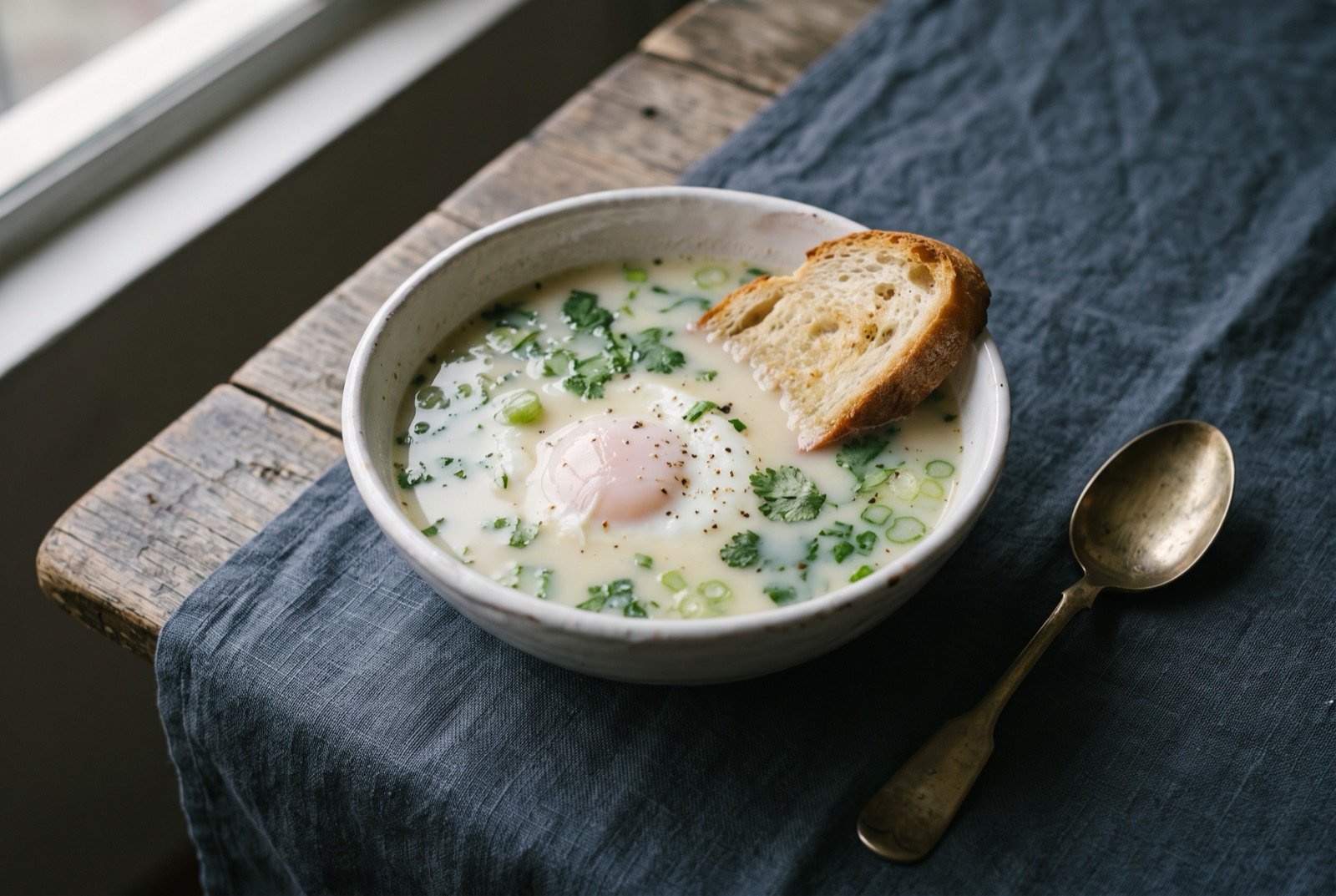 Changua, a milk and egg breakfast soup with a poached egg: a simple white bowl of pale, milky broth flecked with green spring onion and coriander, a single poached egg sitting just under the surface.