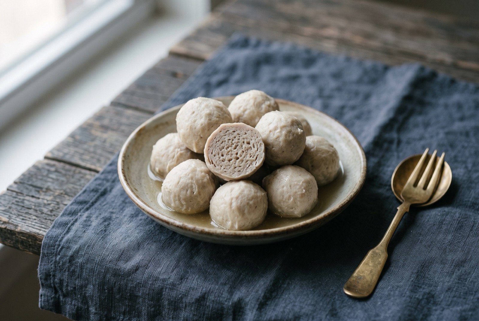 Chaoshan beef balls, hand-beaten until fibre-free and springy: a small pile of pale ivory-grey round beef balls in a shallow bowl, one ball cut in half showing a dense, faintly honeycombed interior.