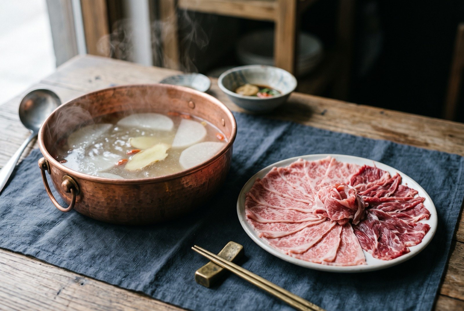 Chaoshan beef hotpot, clear broth and paper-thin sliced beef: a copper hotpot filled with a clear pale broth, a few slices of white radish visible beneath the surface, steam rising, set beside a white plate fanned with paper-thin raw beef slices in several distinct cuts.