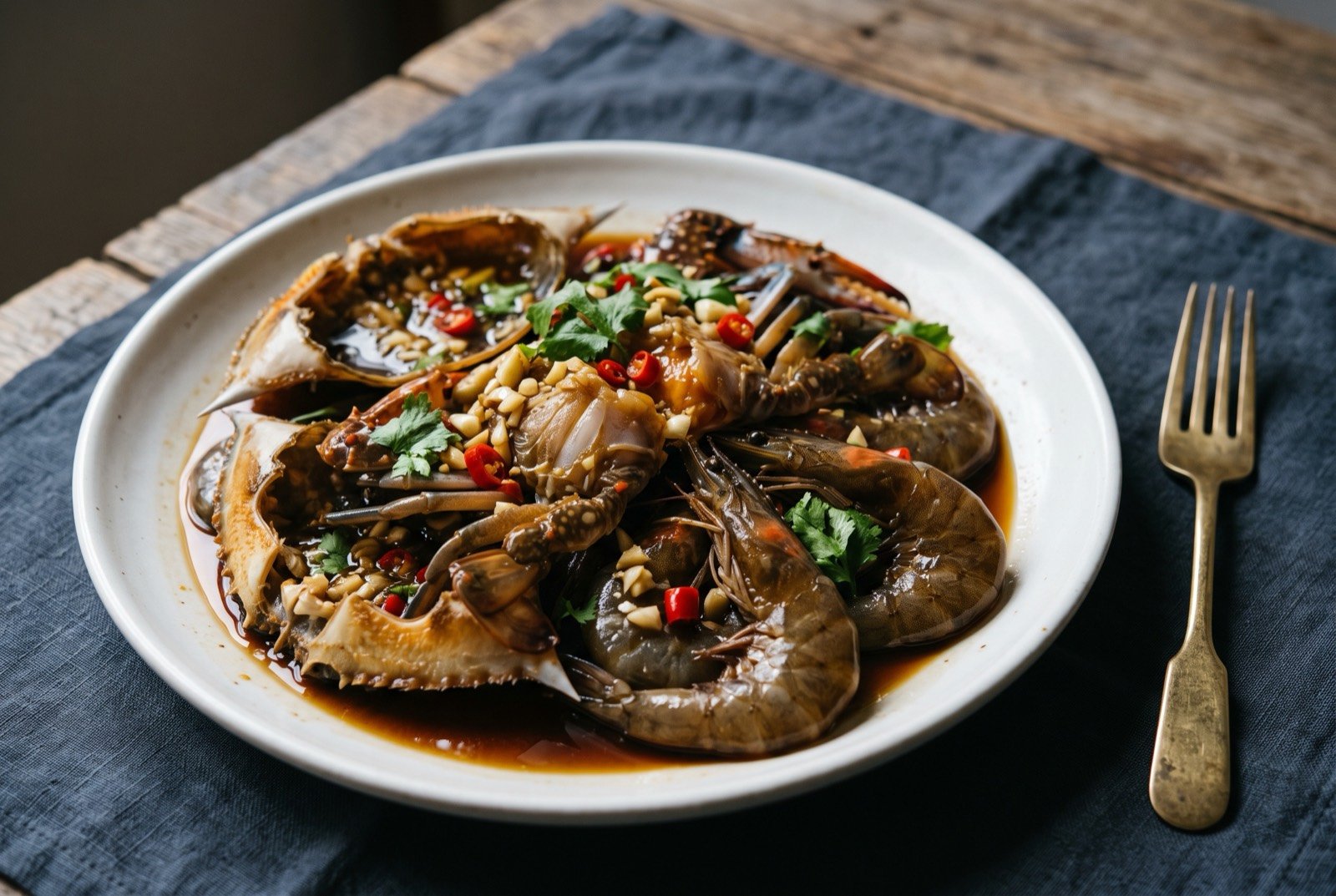 Chaoshan marinated crab and prawn, glazed in garlic, chilli and soy: glistening pieces of crab and whole prawns in their shells, deep amber-brown from a dark marinade studded with chopped garlic.