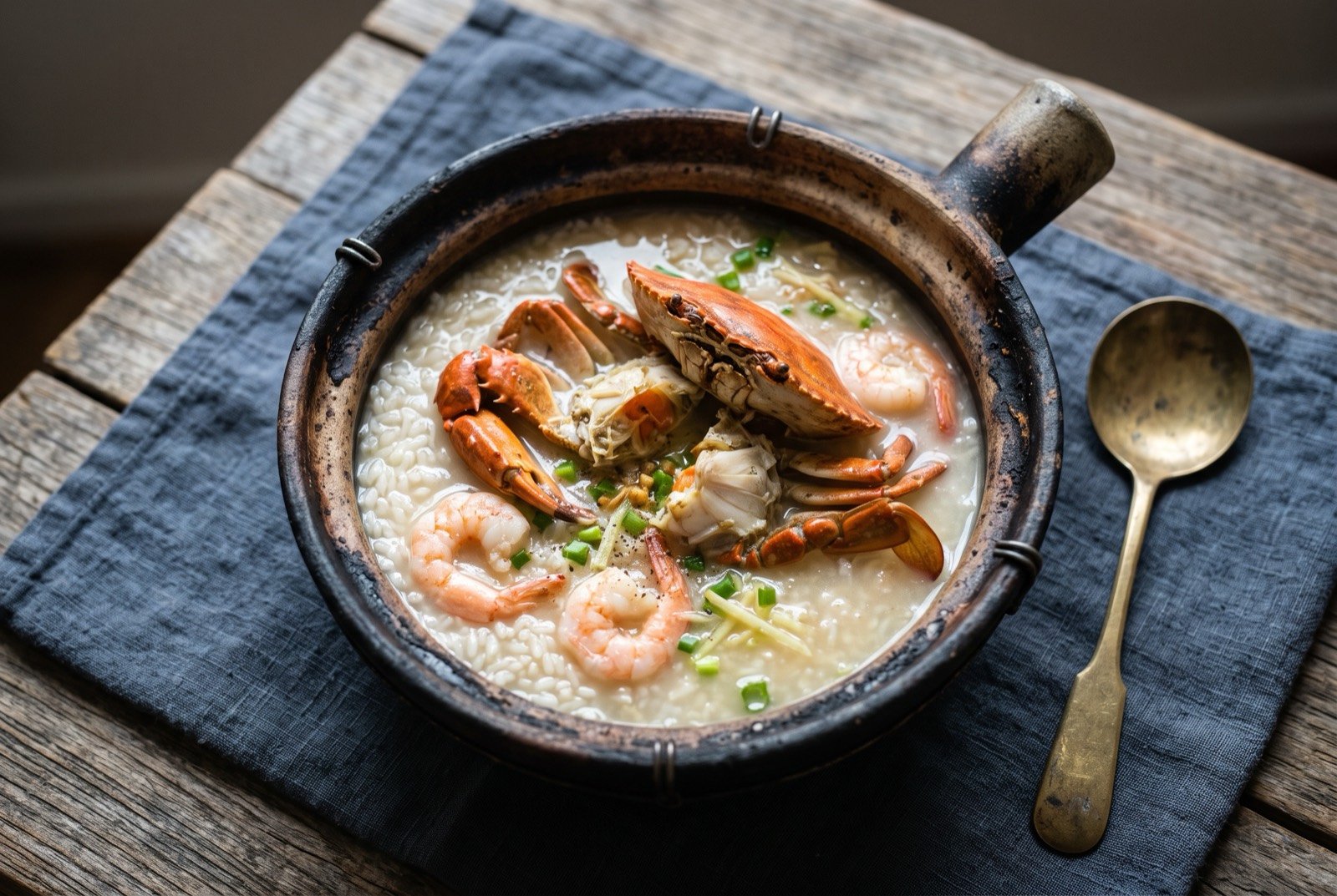 Chaoshan sandpot congee, loose grains cooked with fresh crab: a small blackened clay sandpot filled with a thin, loose pale congee, individual rice grains clearly visible rather than broken down.