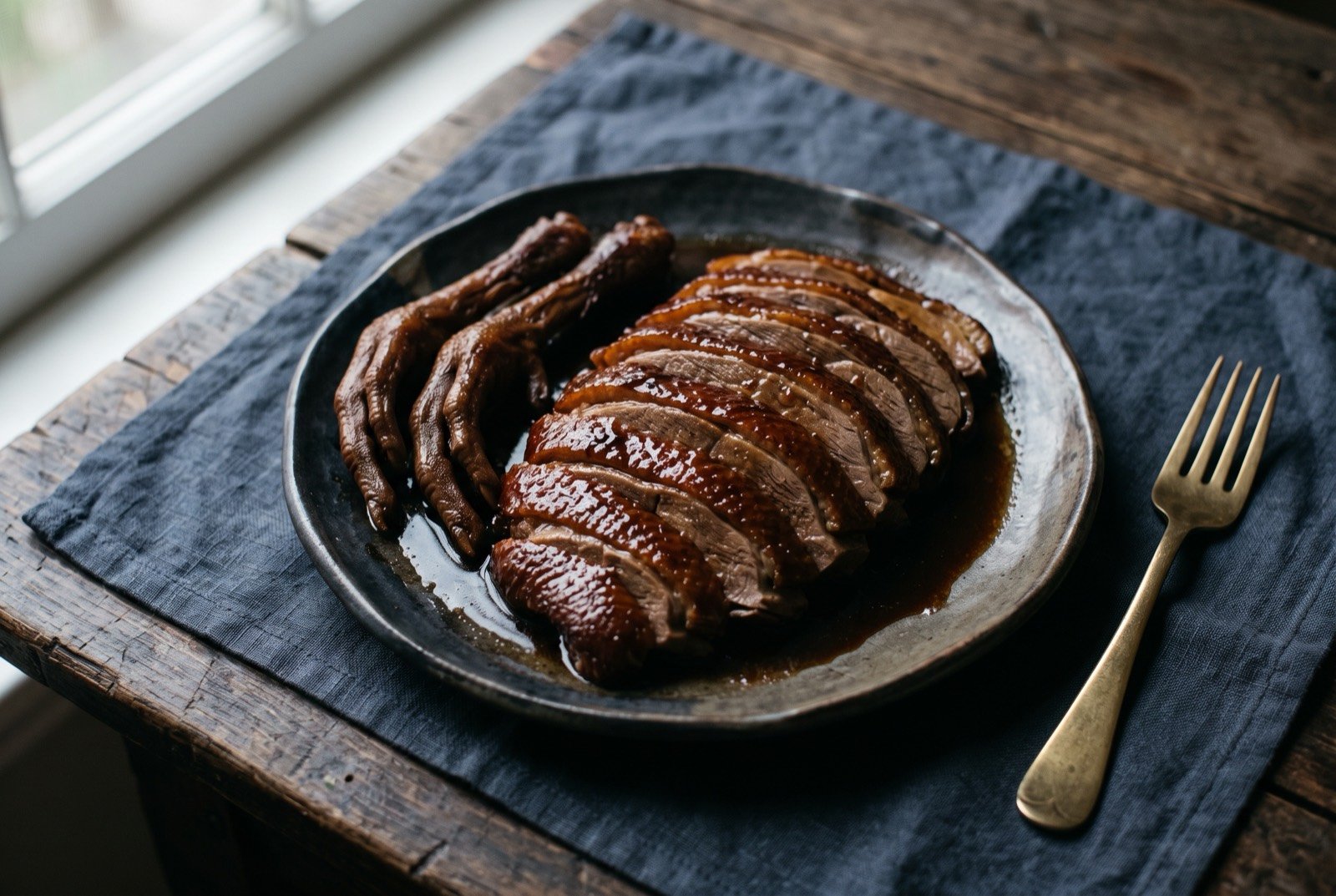 Chaozhou braised goose, three hangs and three soaks in a master stock: thick slices of dark mahogany-glazed goose meat and skin fanned across a plate, the glossy braising liquid pooling beneath.