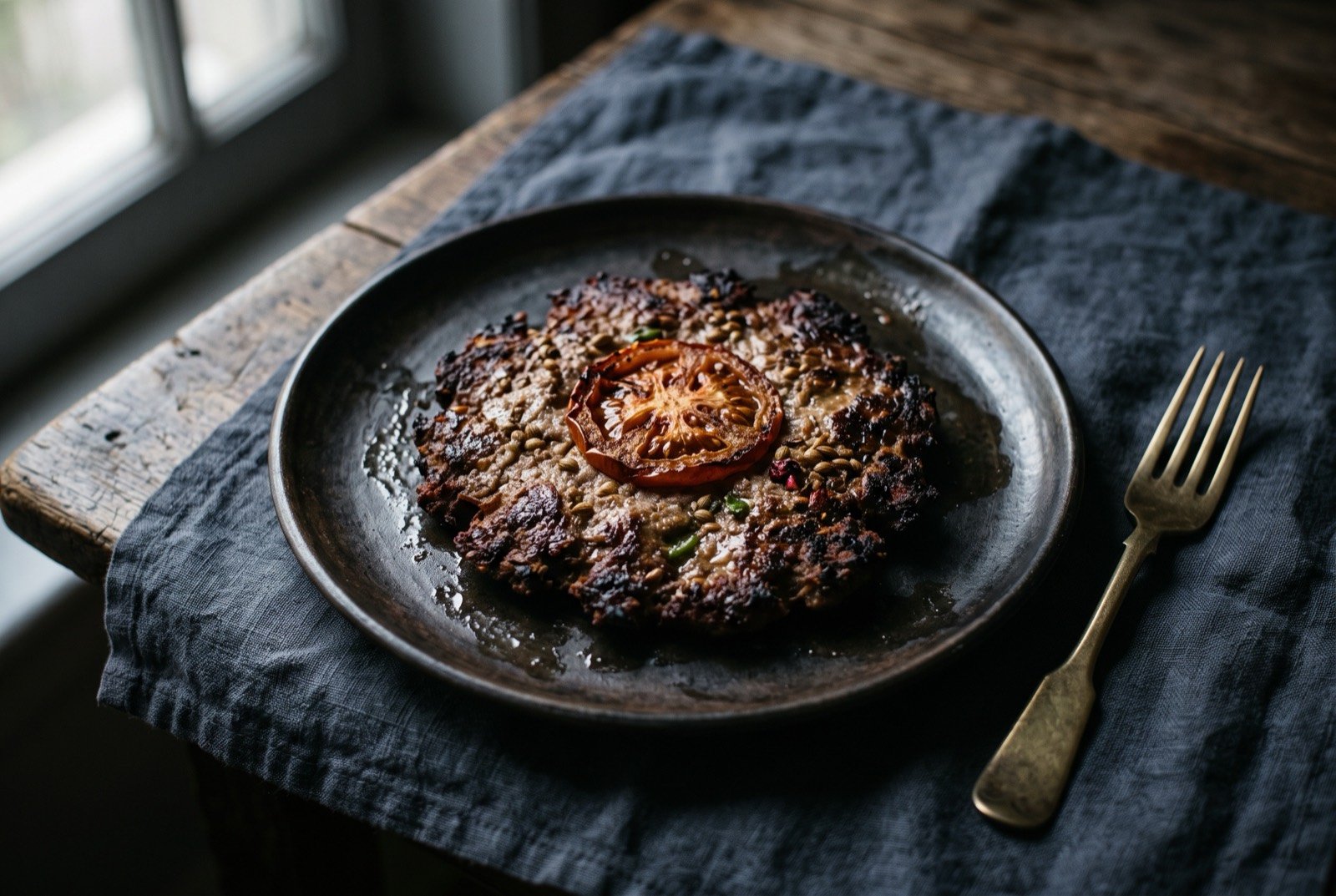 Chapli kebab, a flattened spiced minced meat patty studded with tomato and pomegranate seed: a wide flat orange-red minced meat patty with a craggy fried surface, visible flecks of chopped tomato, coriander and pomegranate seed pressed into the crust.