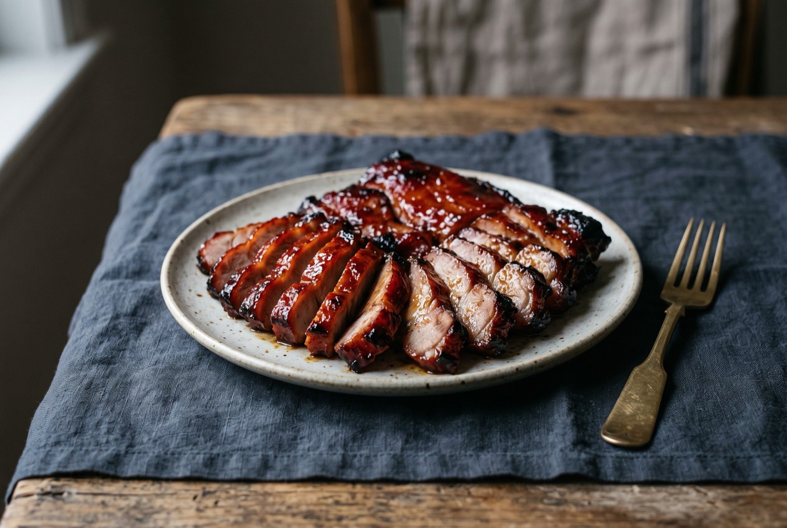 Char siu, honey-glazed roast pork on a hung, high-low-high heat curve: glossy mahogany-red strips of roast pork sliced on the diagonal and fanned across a plate, the honey glaze catching the light.