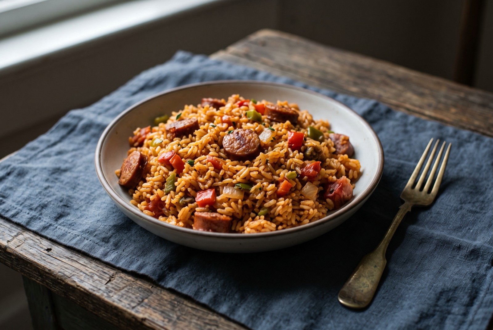 Charleston red rice, a tomato and sausage pilau: a mound of reddish orange rice studded with diced pepper and sliced smoked sausage, a faint gloss from the tomato, served in a shallow bowl.