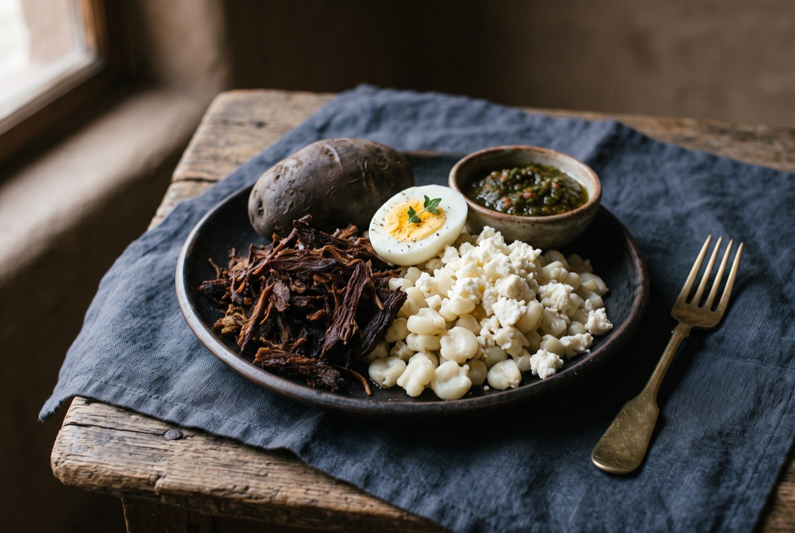 Charquekán, shredded dried llama meat with hominy and cheese: a plate of dark toasted shreds of dried meat beside pale hominy kernels, a whole potato boiled in its skin, crumbled white cheese and a halved boiled egg.