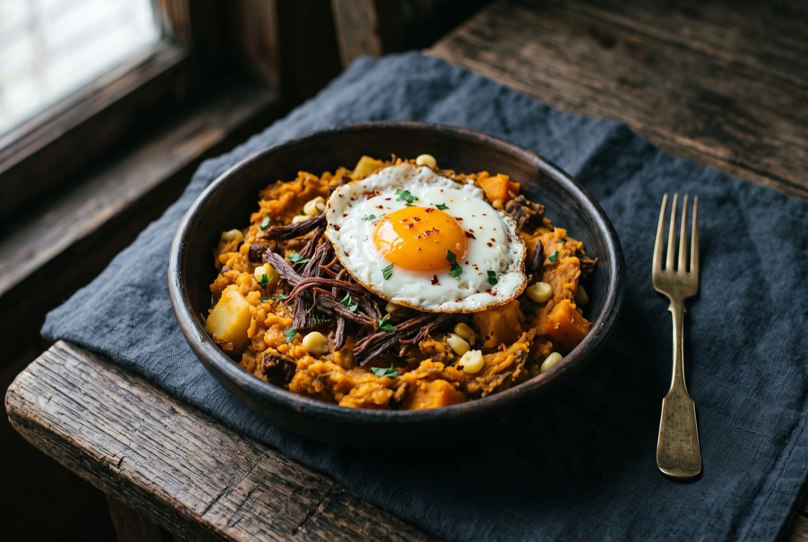 Charquicán, a mash of dried meat, potato, squash and corn topped with a fried egg: a rustic plate of soft, orange tinted mashed potato and squash flecked with shredded dark dried meat and kernels of corn.