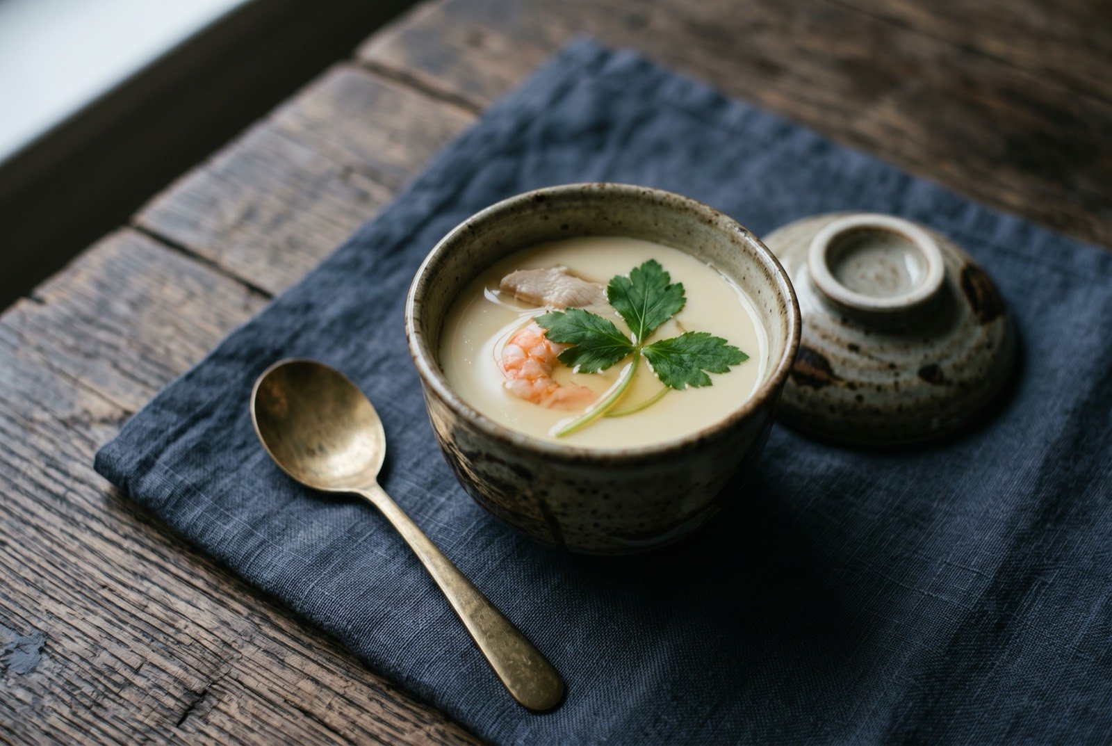 Chawanmushi, savoury steamed egg custard with chicken, shrimp and mitsuba in a lidded cup: a small lidded ceramic cup with the lid removed and resting beside it, revealing a pale, glassy, perfectly smooth egg custard just visible beneath the surface.