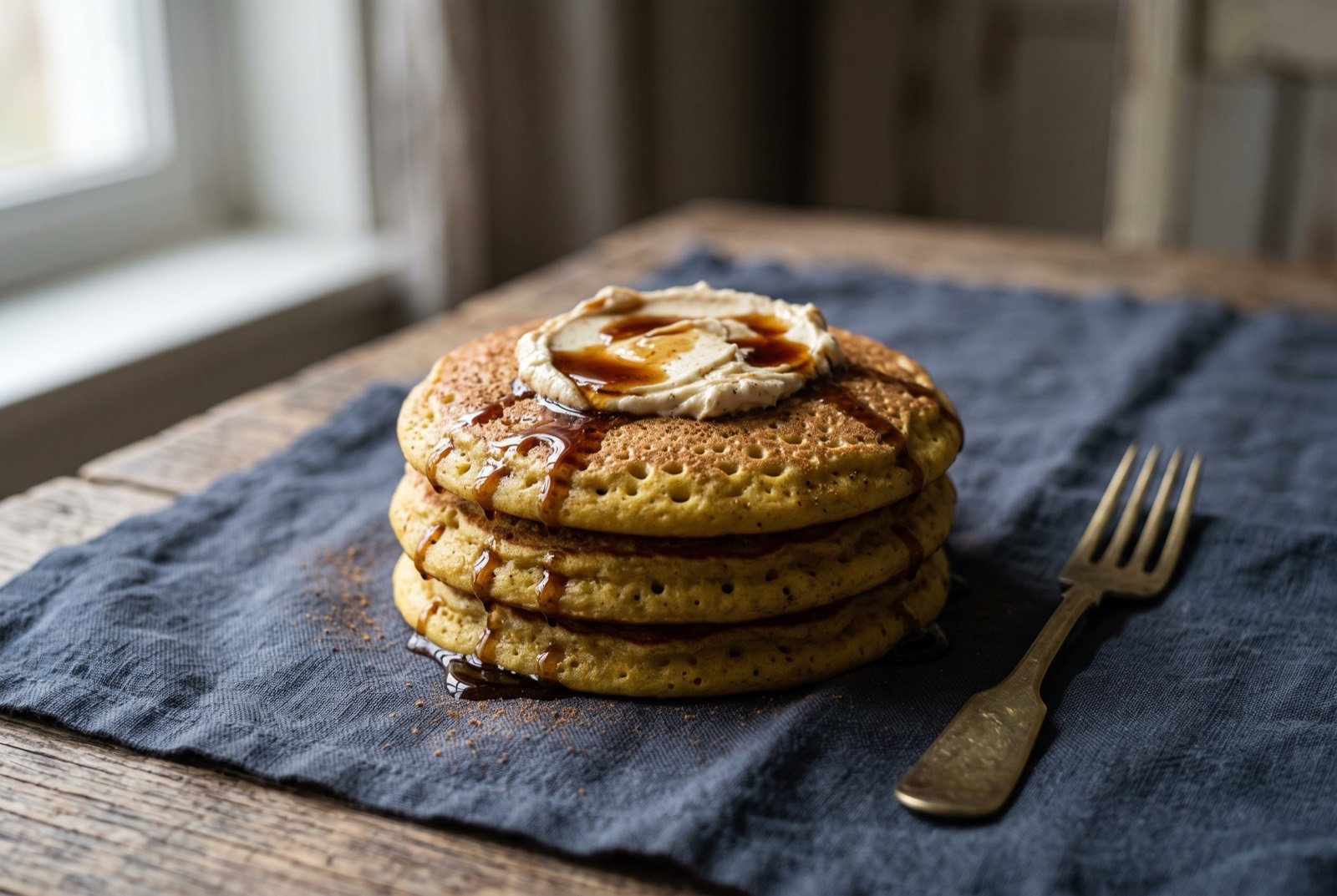 Chebab, cardamom and saffron breakfast pancakes: a small stack of thick, golden-brown pancakes dotted with tiny air bubbles across their tops, a pale smear of cream cheese and a drizzle of dark date syrup across the top pancake.