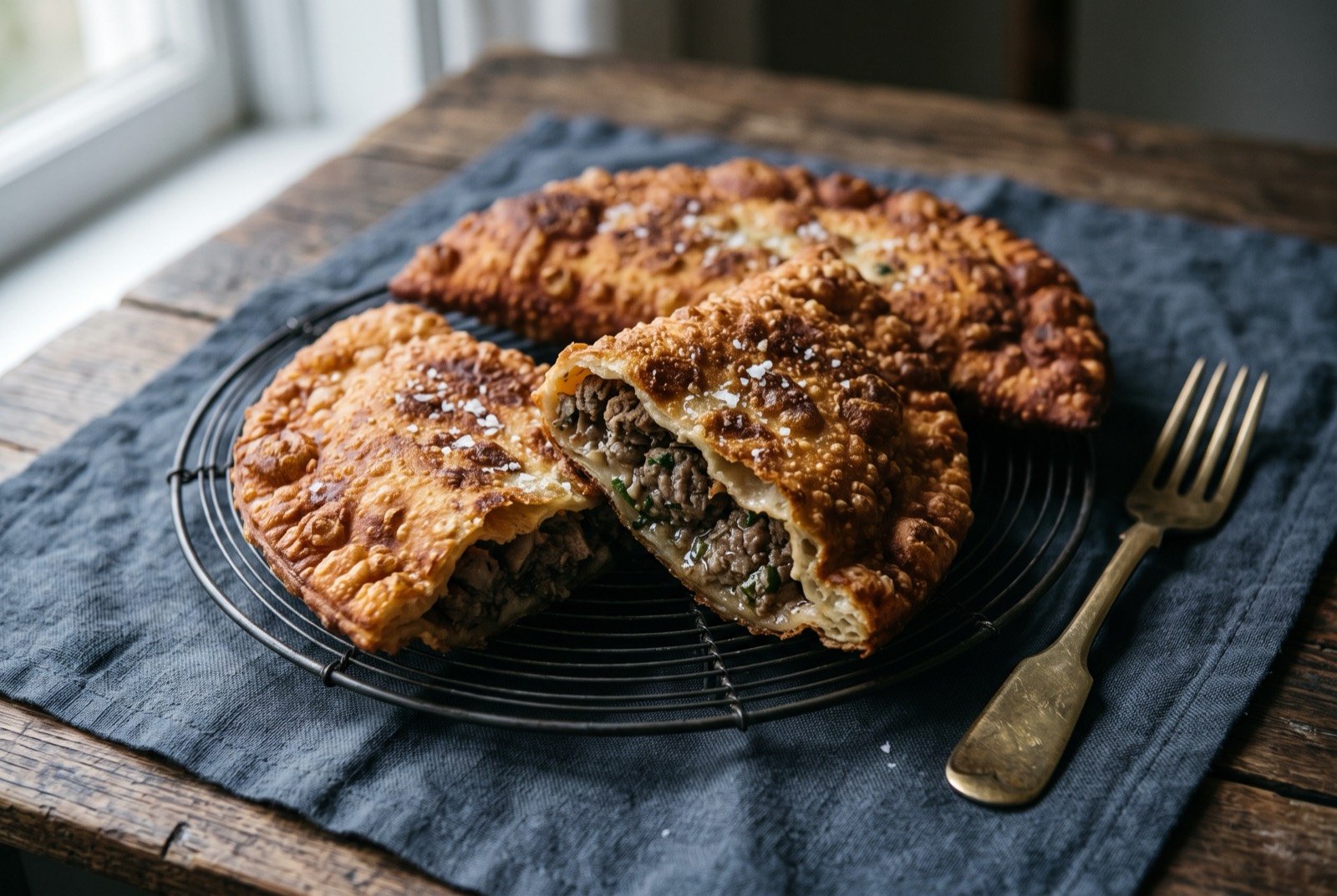 Chebureki, crescent-shaped deep-fried pastries with a raw-filled, blistered crust, sealed around spiced minced lamb: two large, deep golden brown crescent-shaped pastries resting on a wire rack, their surface covered in small raised blisters from frying.