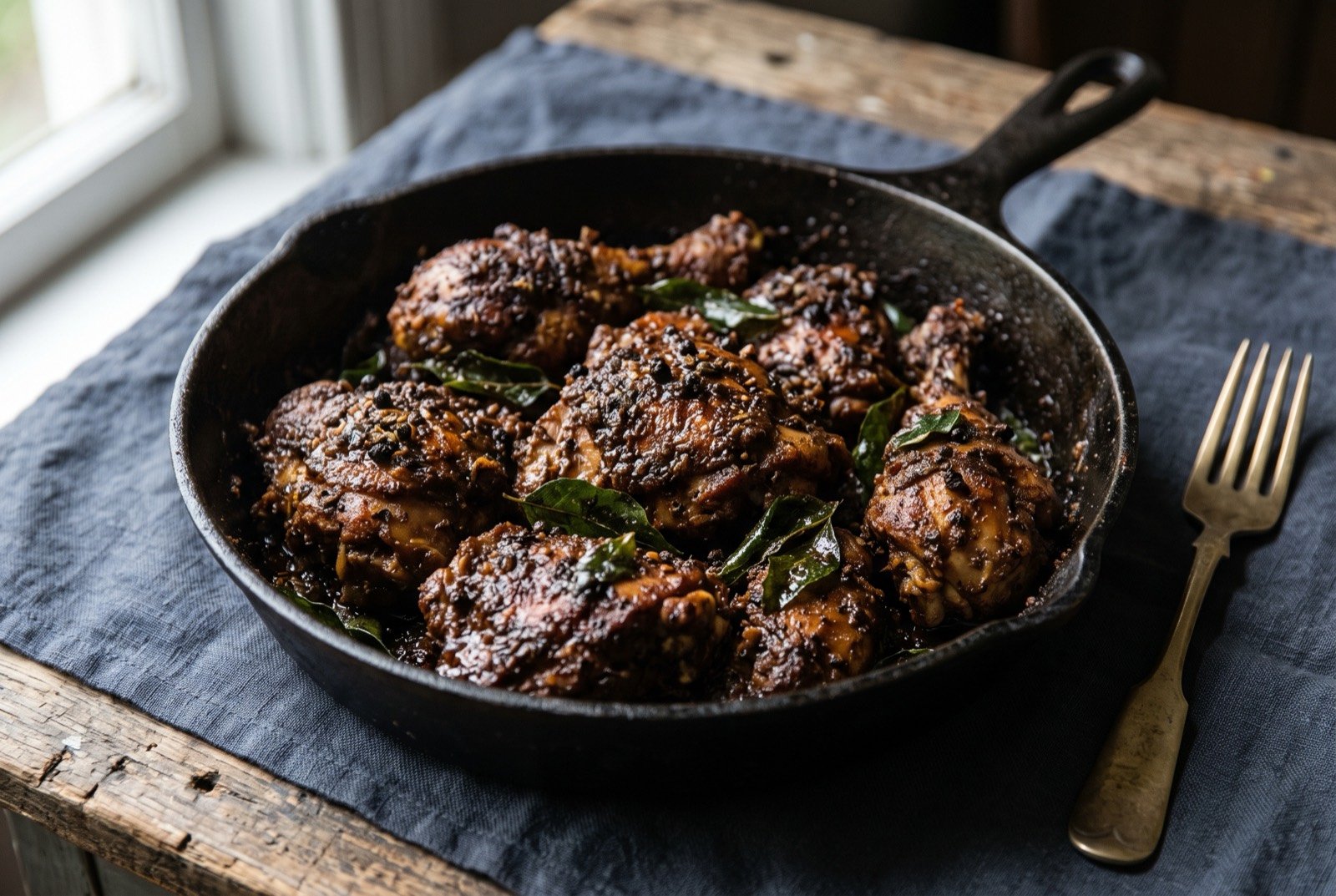 Chettinad pepper chicken, dry roasted with cracked black pepper: dark, dry-roasted chicken pieces coated in a matte blackish-brown pepper crust, no visible gravy, a few whole curry leaves clinging to the meat.