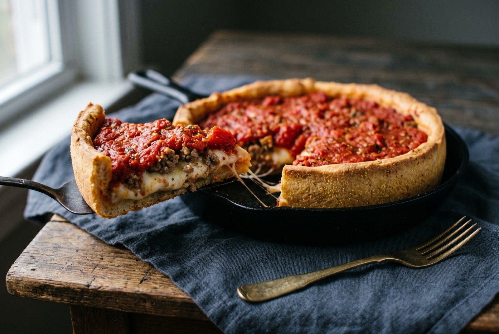 Chicago deep-dish pizza: a thick wedge of deep dish pizza lifted slightly to show tall layers, a golden cornmeal flecked crust, a thick band of melted mozzarella beneath crumbled sausage.