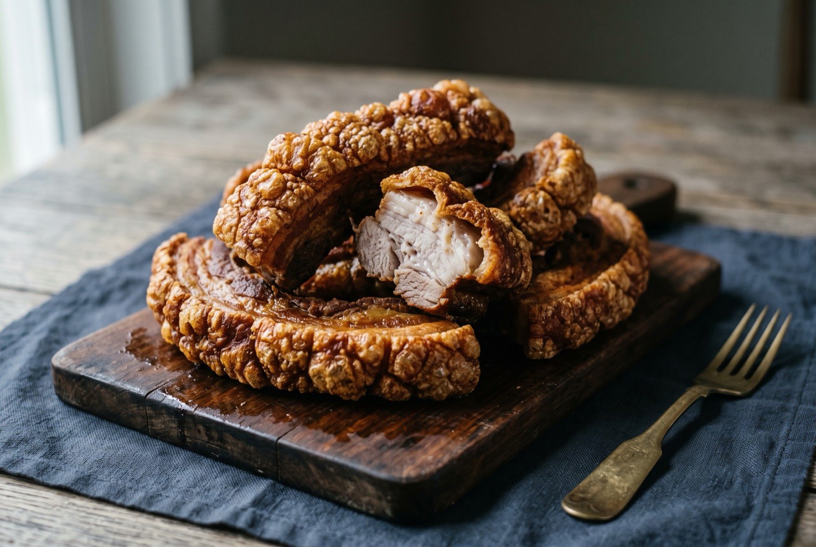 Chicharrón, deep fried pork belly with blistered crackling: a rough pile of golden brown pork belly pieces, the skin side deeply blistered and puffed into crisp crackling, a faint sheen of rendered fat on the dark wooden board beneath.