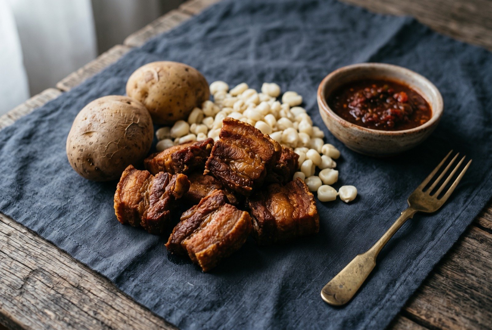 Chicharrón cochabambino, pork fried in its own rendered fat: deep golden brown pieces of pork piled beside two whole potatoes boiled in their skins and a scatter of pale hominy kernels.