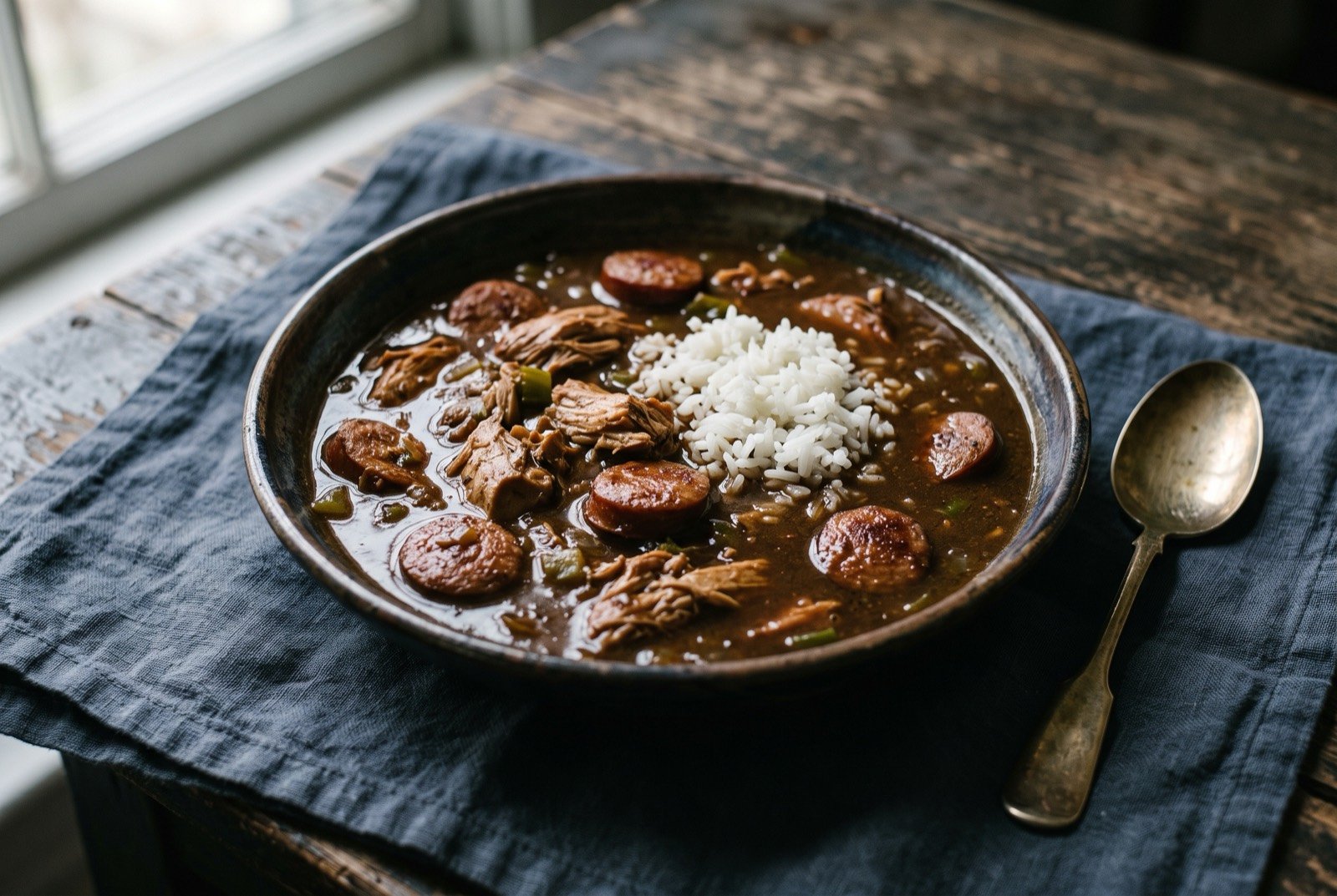 Chicken and andouille gumbo, dark roux Cajun style: a wide bowl of deep mahogany brown gumbo, glossy with rendered fat, shredded chicken and rounds of dark smoked andouille sausage breaking the surface.