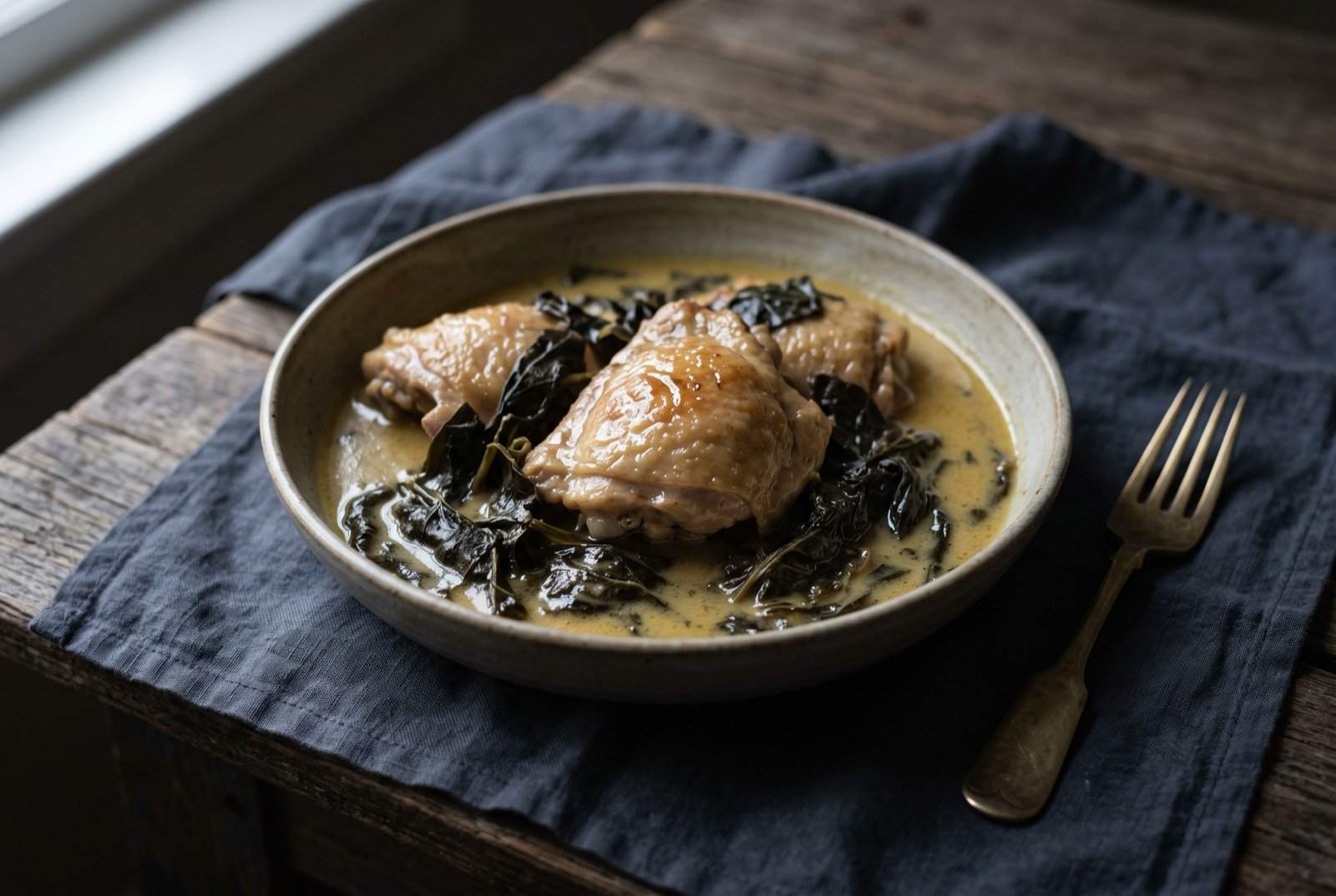Chicken fafa, Palau's chicken braised in coconut milk with taro leaf: bone-in chicken thighs sitting in a shallow pool of pale golden coconut sauce, dark wilted taro leaves folded through the liquid.