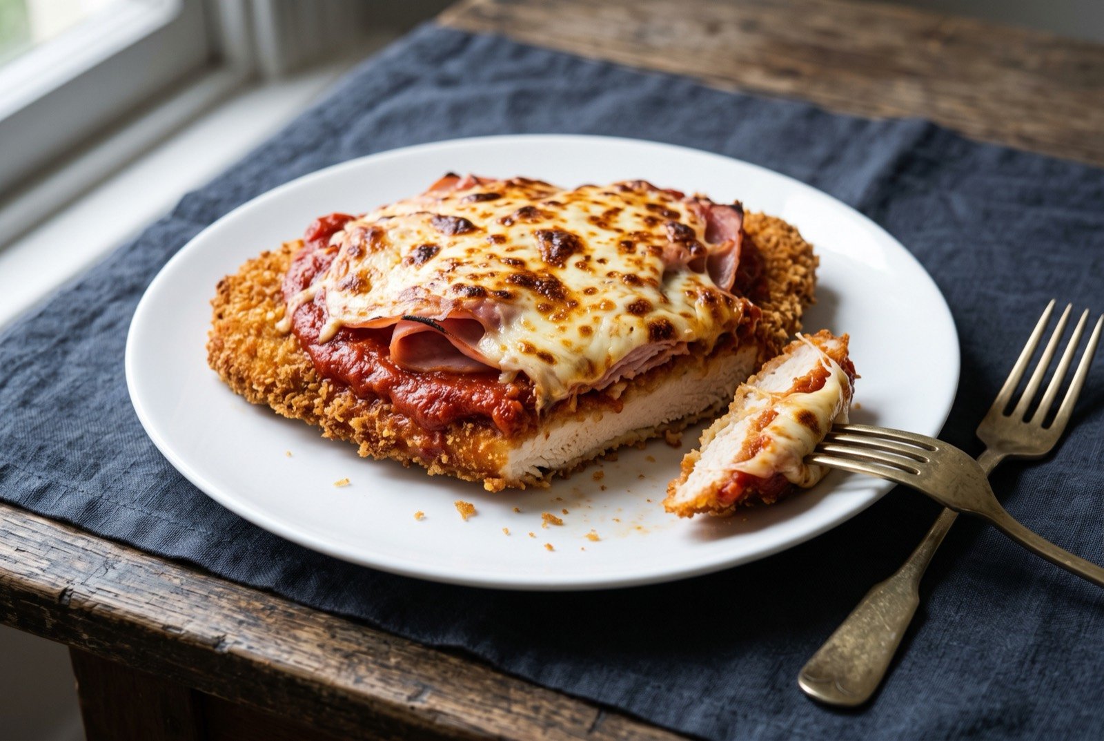 Chicken parmigiana, a crumbed schnitzel topped with tomato sauce, ham and melted cheese: a large golden, deeply crumbed chicken schnitzel filling most of a plain white plate, topped with a thick layer of glossy reduced tomato sauce.