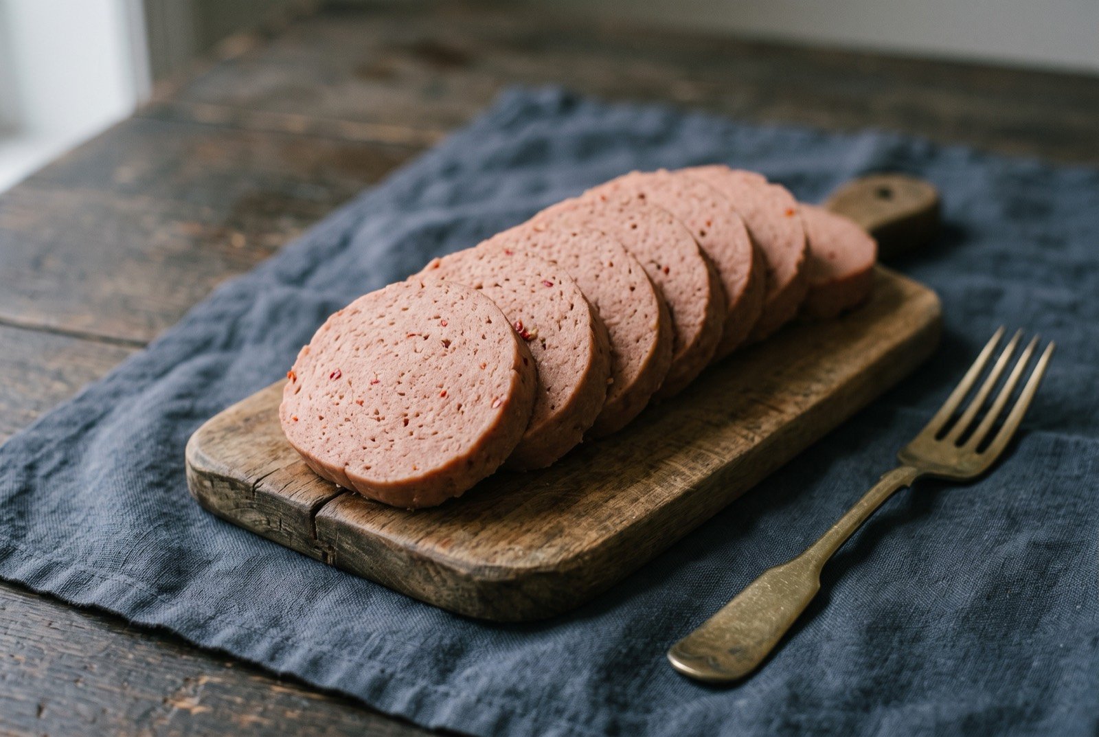 Chikanda: a firm dense loaf of pinkish brown orchid and groundnut meal, sliced across into thick even rounds that hold their shape cleanly like polony.