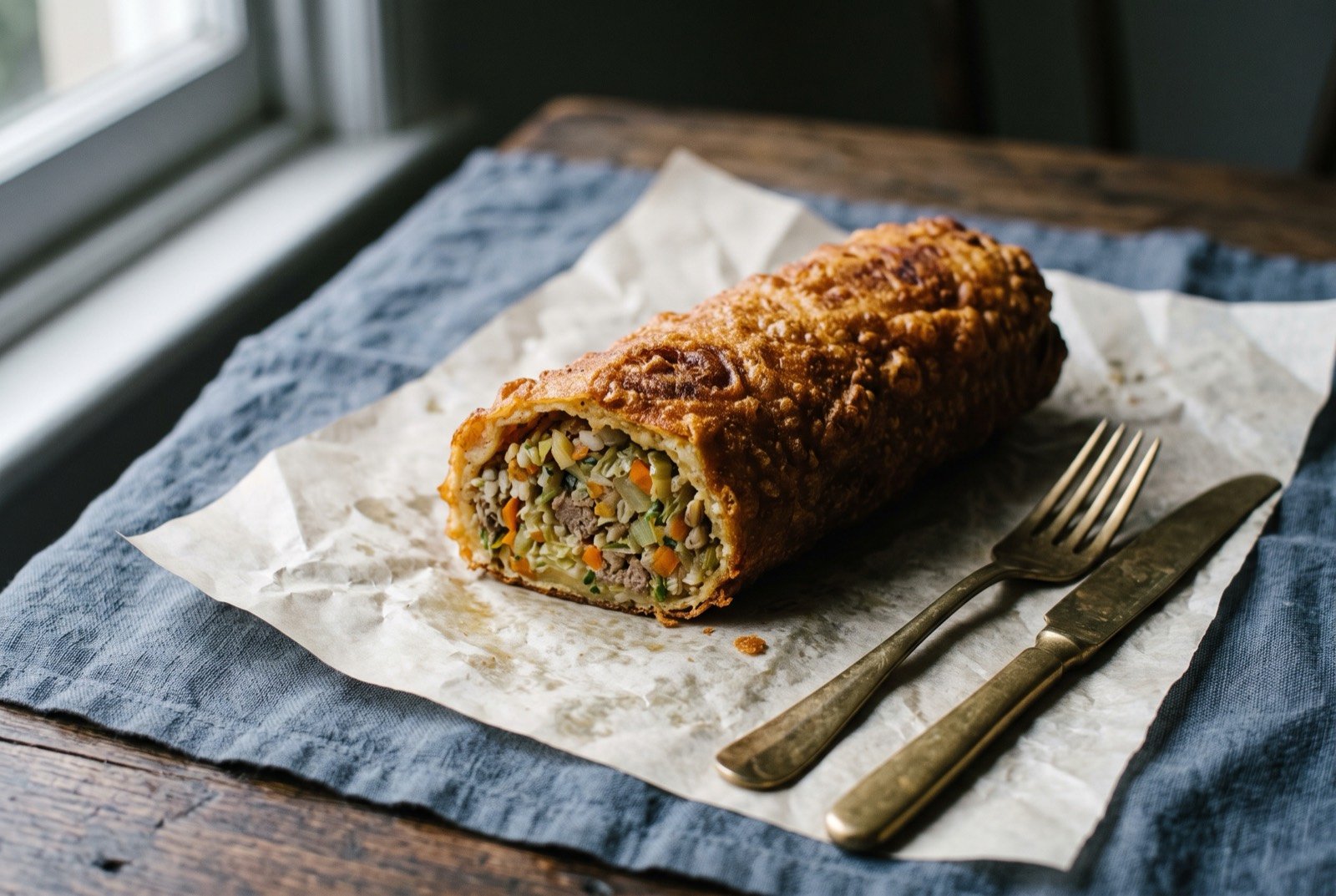 The Chiko roll, a deep fried egg battered roll of vegetables and meat: a single large golden brown cylindrical roll with a thick, blistered fried batter shell, cut on the diagonal to expose the dense green flecked filling of cabbage and meat inside.