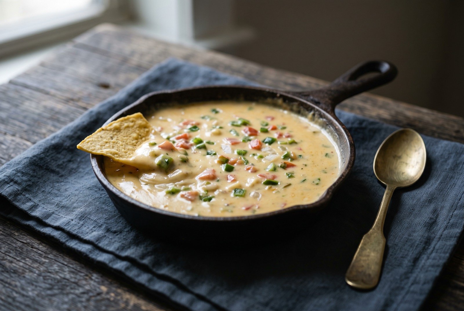 Chile con queso, warm melted cheese dip with green chile: a shallow cast iron dish of pale golden melted cheese, thick and glossy, studded with flecks of diced green jalapeño, red tomato and white onion.