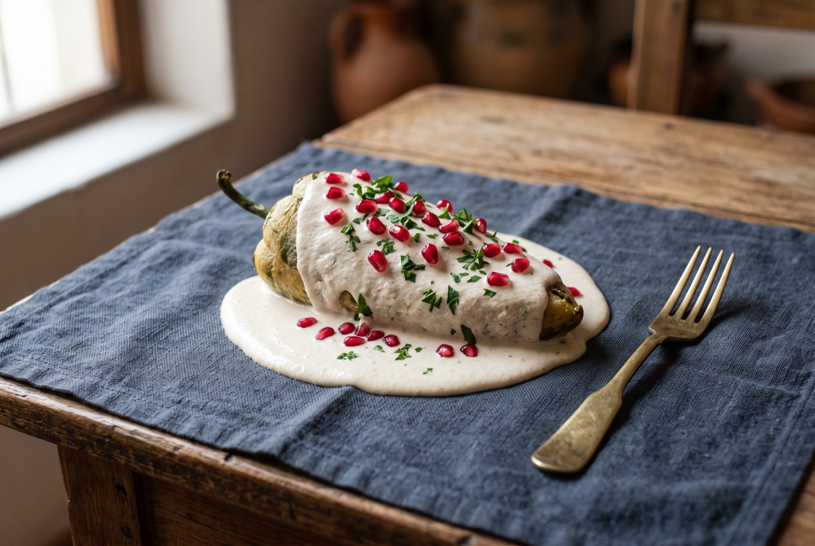 Chiles en nogada, a walnut sauce stuffed poblano chile: a single roasted, peeled poblano chile lying on its side, generously bathed in a pale ivory walnut cream sauce, scattered with bright red pomegranate seeds and a scatter of chopped fresh parsley.