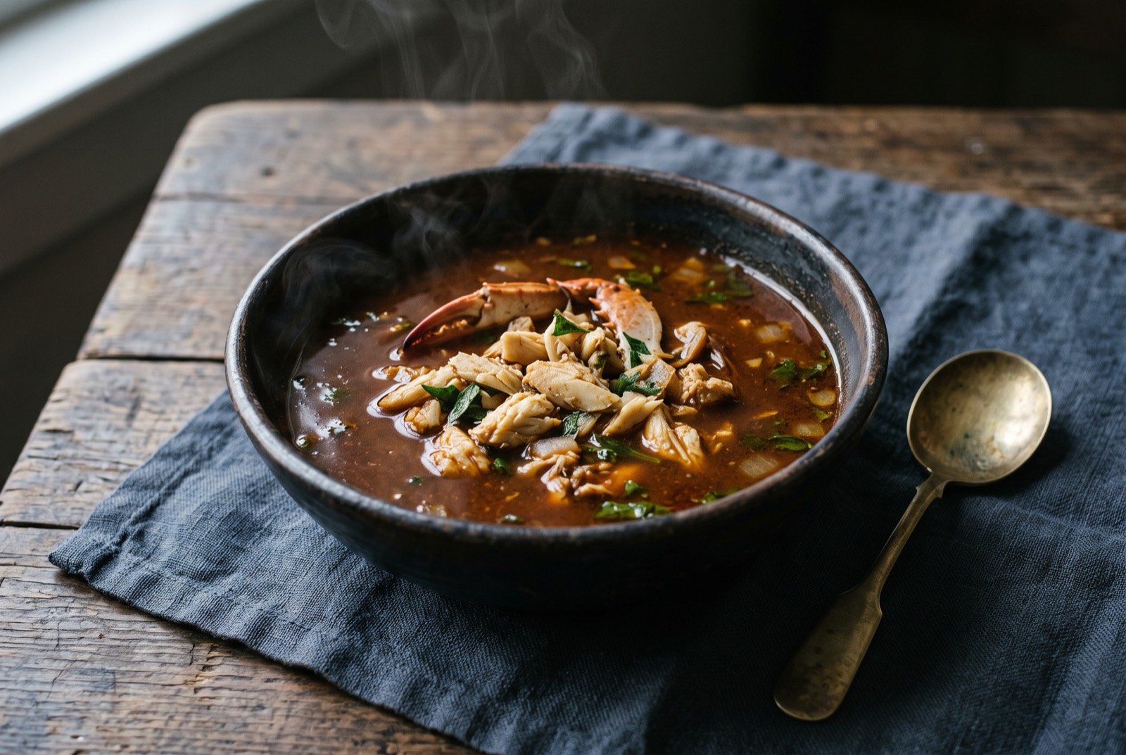 Chilpachole de jaiba, a spiced crab soup: a deep reddish brown broth in a rustic bowl, pale flakes of crab meat and a few pieces of crab shell breaking the surface.