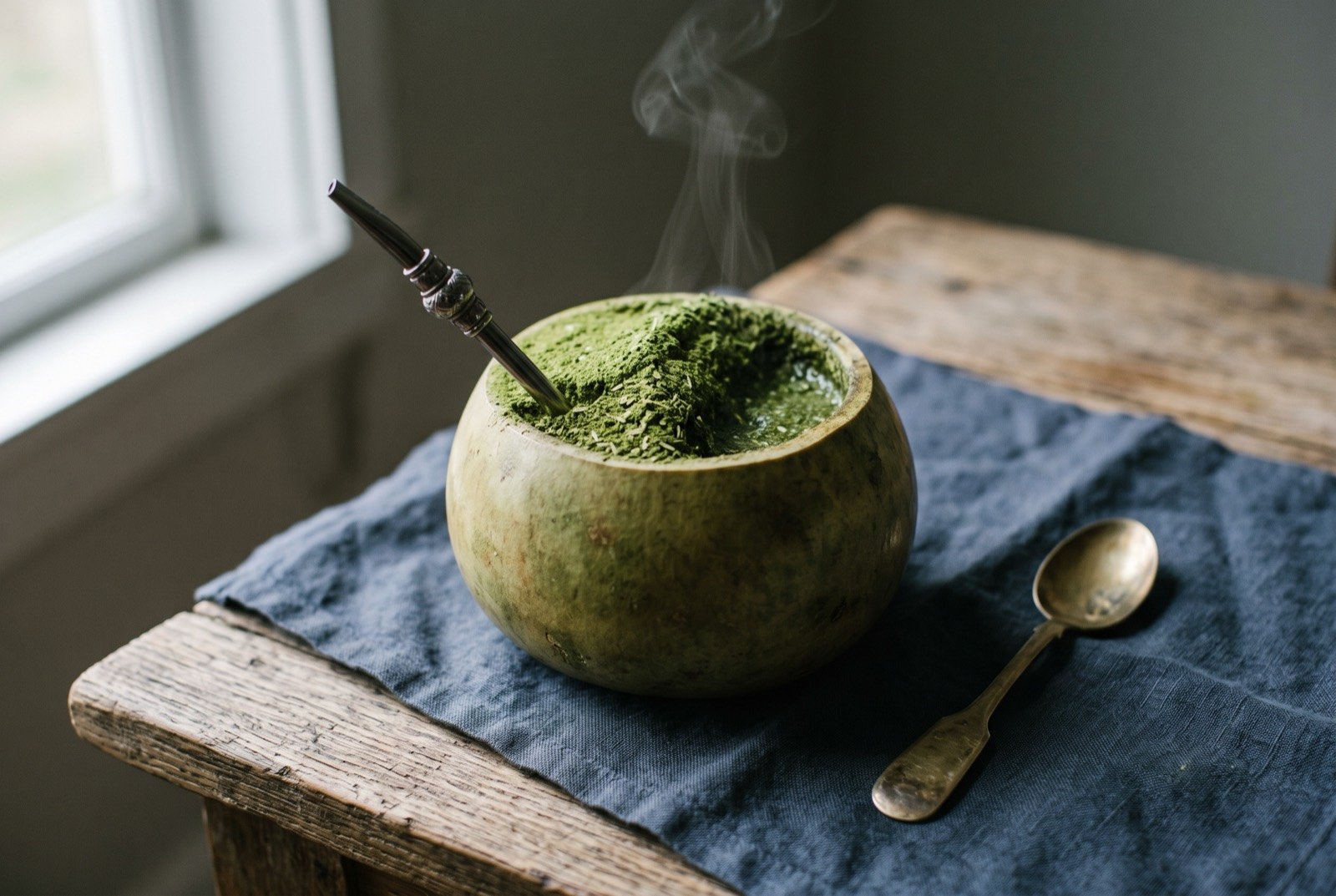 Chimarrão, the shared gourd and bombilla ritual: a rounded pale green cuia gourd filled almost to the brim with damp, finely powdered green yerba mate banked to one side.