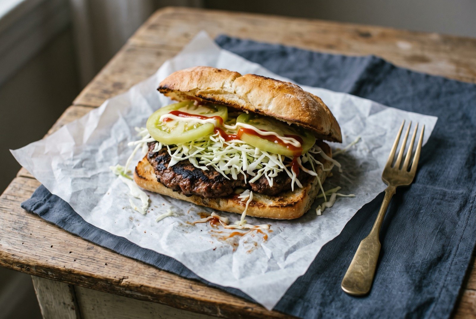 Chimichurri dominicano, Dominican late night street sandwich: a toasted split roll piled with a charred flat beef patty, shredded cabbage, pale green tomato slices and a thin ribbon of ketchup and mayonnaise.
