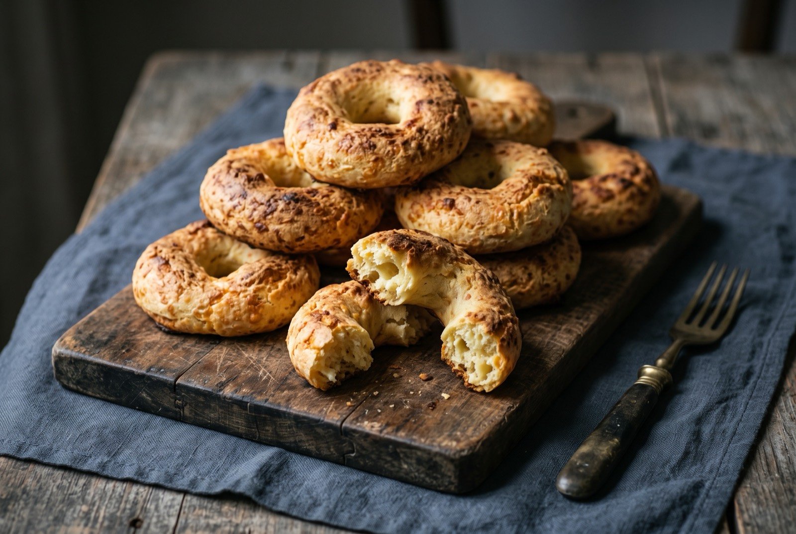 Chipa, a baked cassava starch and cheese roll: a pile of small golden brown rings and ovals of bread with a glossy, deeply cracked crust, one broken open to show a dense.