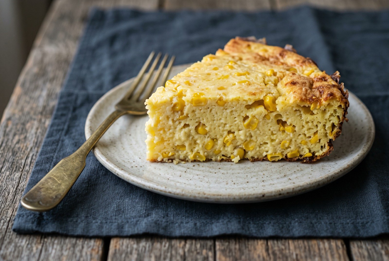 Chipa guasu, a fresh corn and cheese cake: a shallow baking dish of pale golden corn cake with a lightly browned, softly domed top, whole kernels of corn visible throughout the moist interior where a piece has been lifted away.