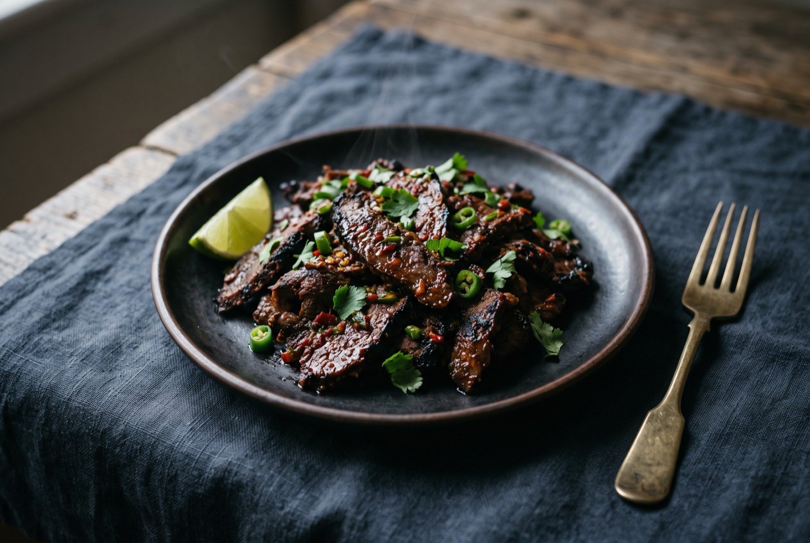 Choila, charred buffalo meat hand-tossed with a hot spiced mustard oil paste: a loose mound of thinly sliced, deeply charred meat on a dark plate, glossy with red-flecked mustard oil, scattered with chopped green chilli and coriander.
