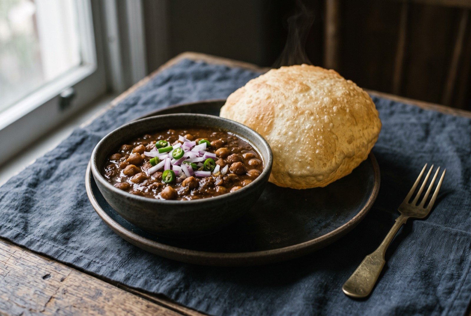 Chole bhature, spiced brown chickpeas with a puffed fried bread: a deep bowl of dark brown-black chickpeas in a thick, glossy gravy, a few whole chickpeas visible at the surface, a scatter of raw sliced onion and green chilli to one side.
