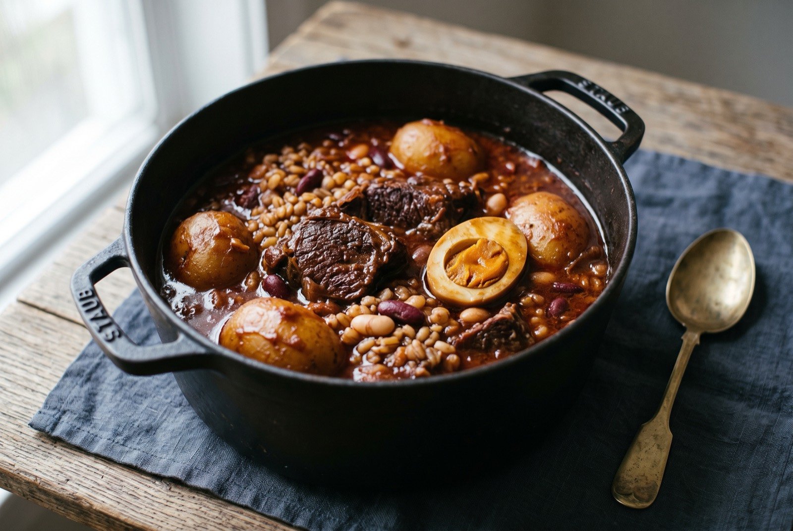Cholent, Israel's slow-cooked Shabbat stew of beef, barley, beans and potato: a deep, dark reddish brown stew in a heavy pot, chunks of beef, whole potatoes and a halved egg with a deep amber yolk visible among the barley and beans.