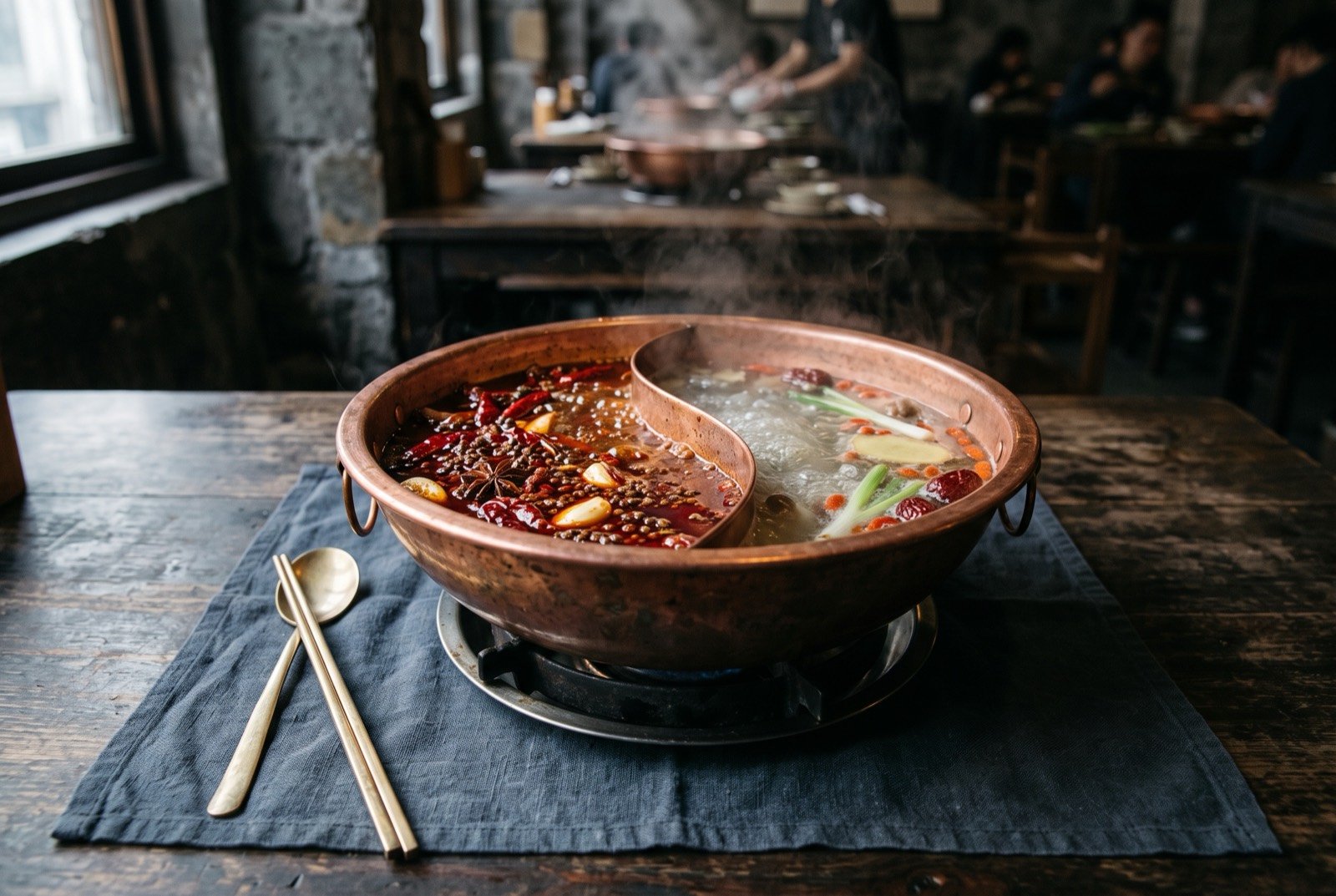 Chongqing hotpot, a mandarin duck split pot of mala tallow broth and clear broth: a round copper pot divided by a curved metal partition shaped like two mandarin ducks, one side a thick, dark red, oil-slicked mala broth bristling with whole dried chillies and Sichuan peppercorns.
