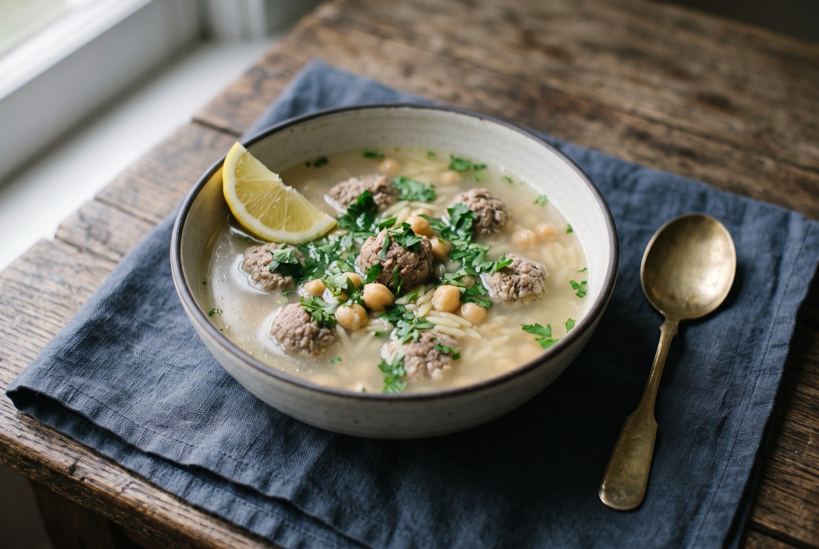 Chorba beida: A pale ivory broth, clear rather than cloudy, with walnut sized meatballs, whole chickpeas and small grains of bird's tongue pasta suspended through it. Not a trace of red anywhere. Chopped coriander and parsley over the surface and a lemon wedge on the rim of the bowl.